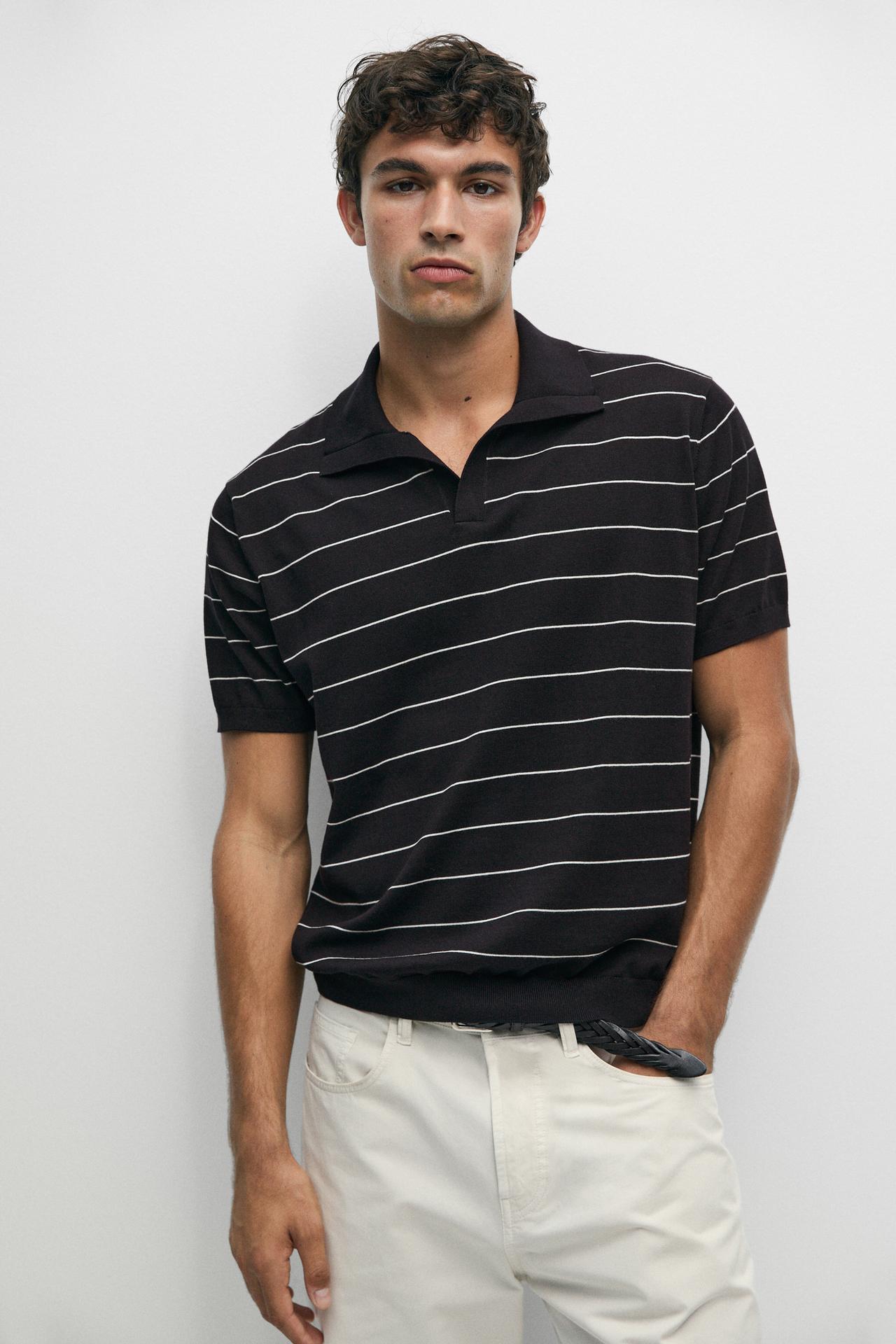 100% cotton striped knit polo sweater — NAVY BLUE