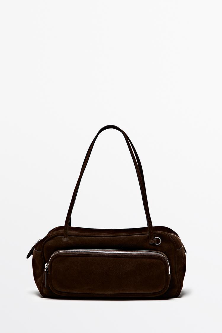 Medium split suede leather bowling bag — MINK