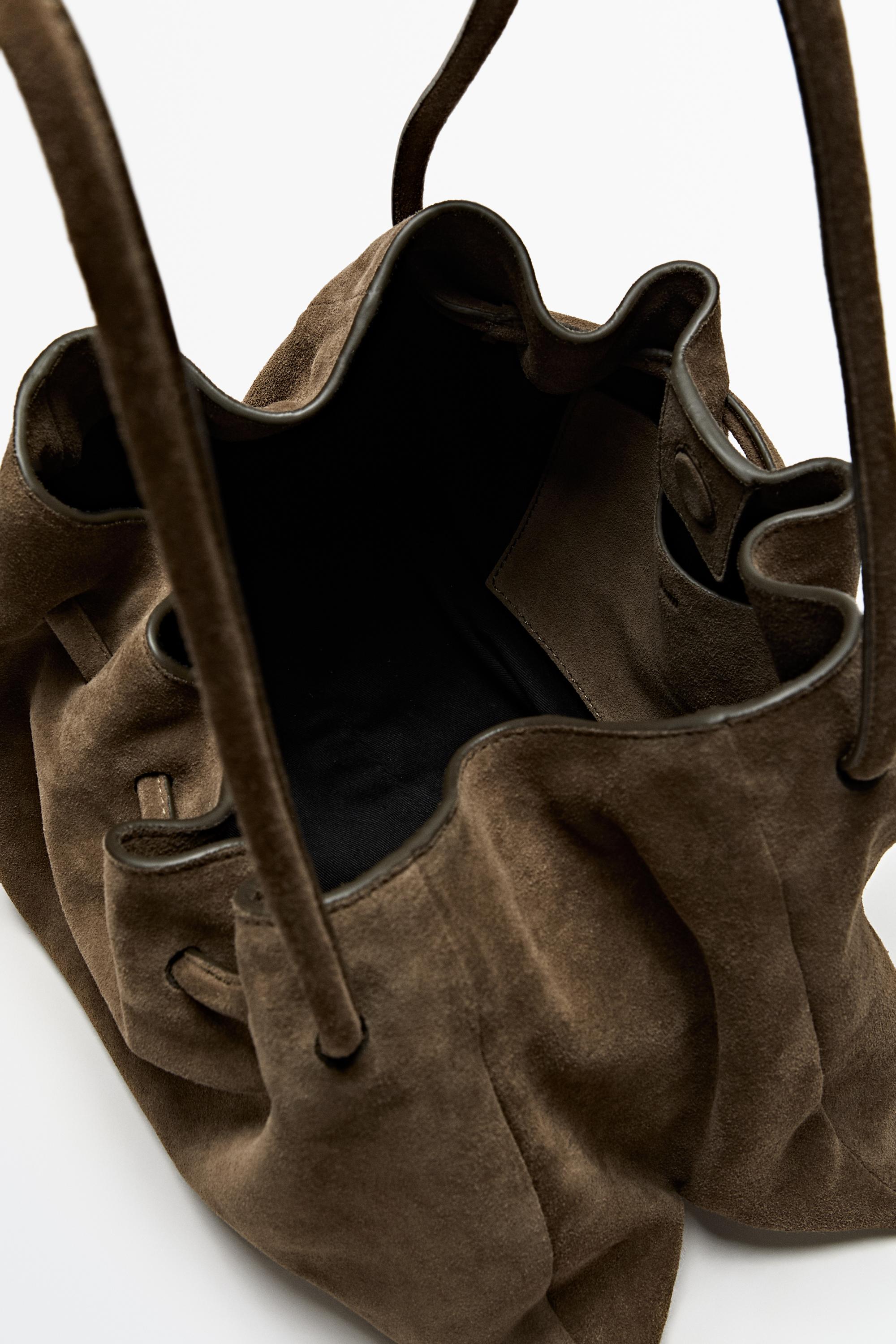 Ruched split suede leather bag — MOLE BROWN