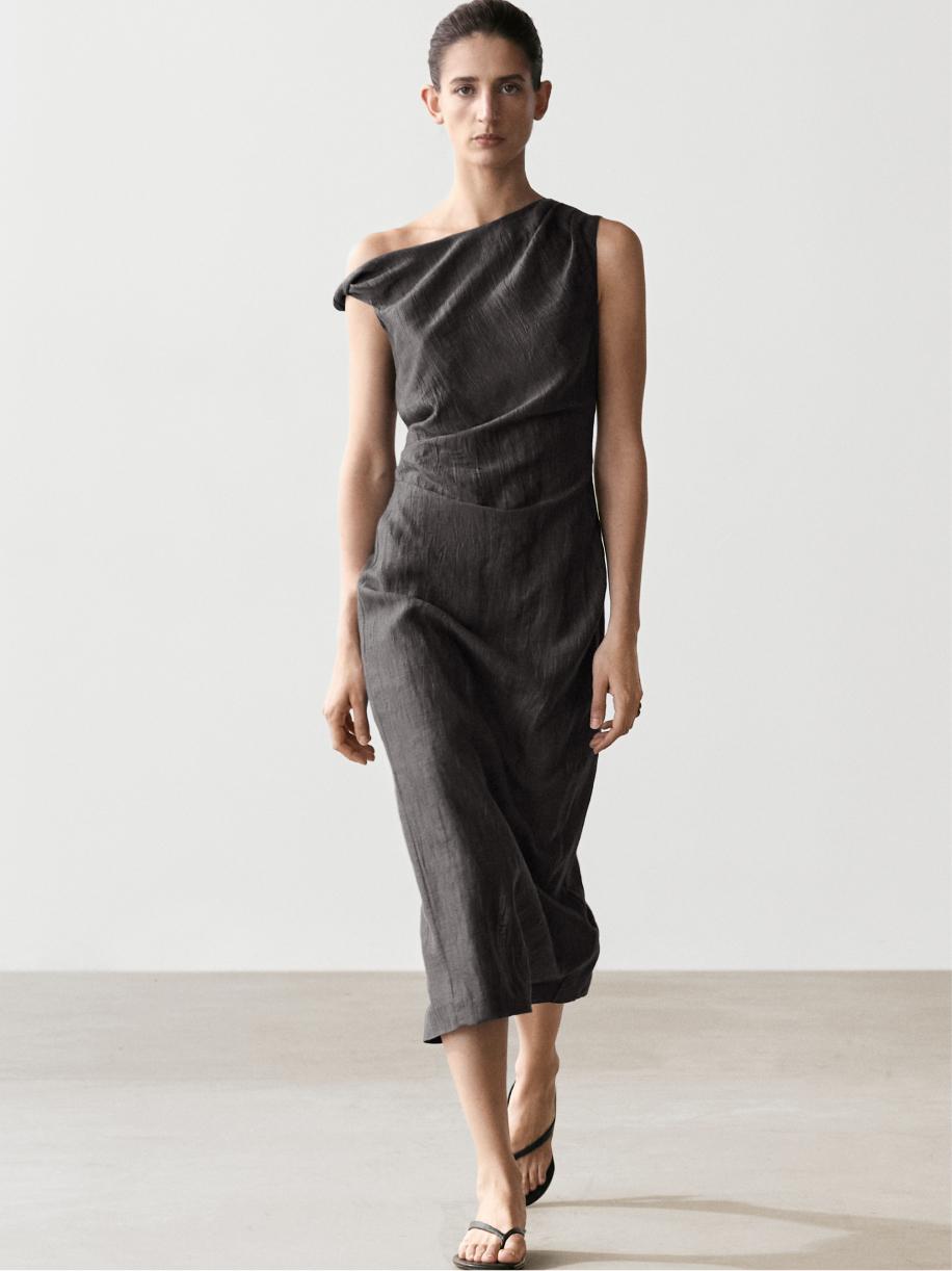 Midi dress with pleated shoulder detail — DARK GREY