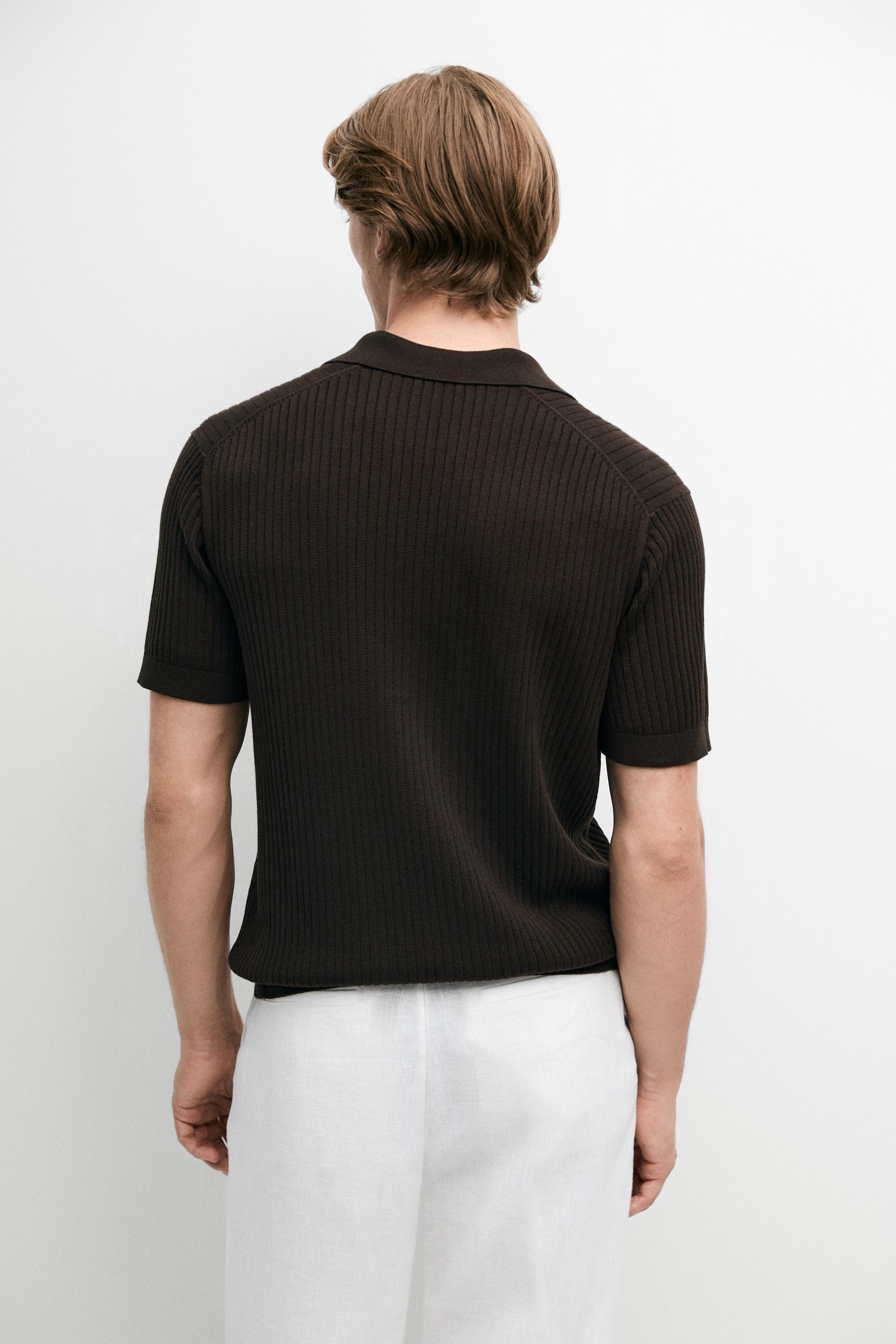 100% cotton ribbed knit polo sweater — BROWN MARL