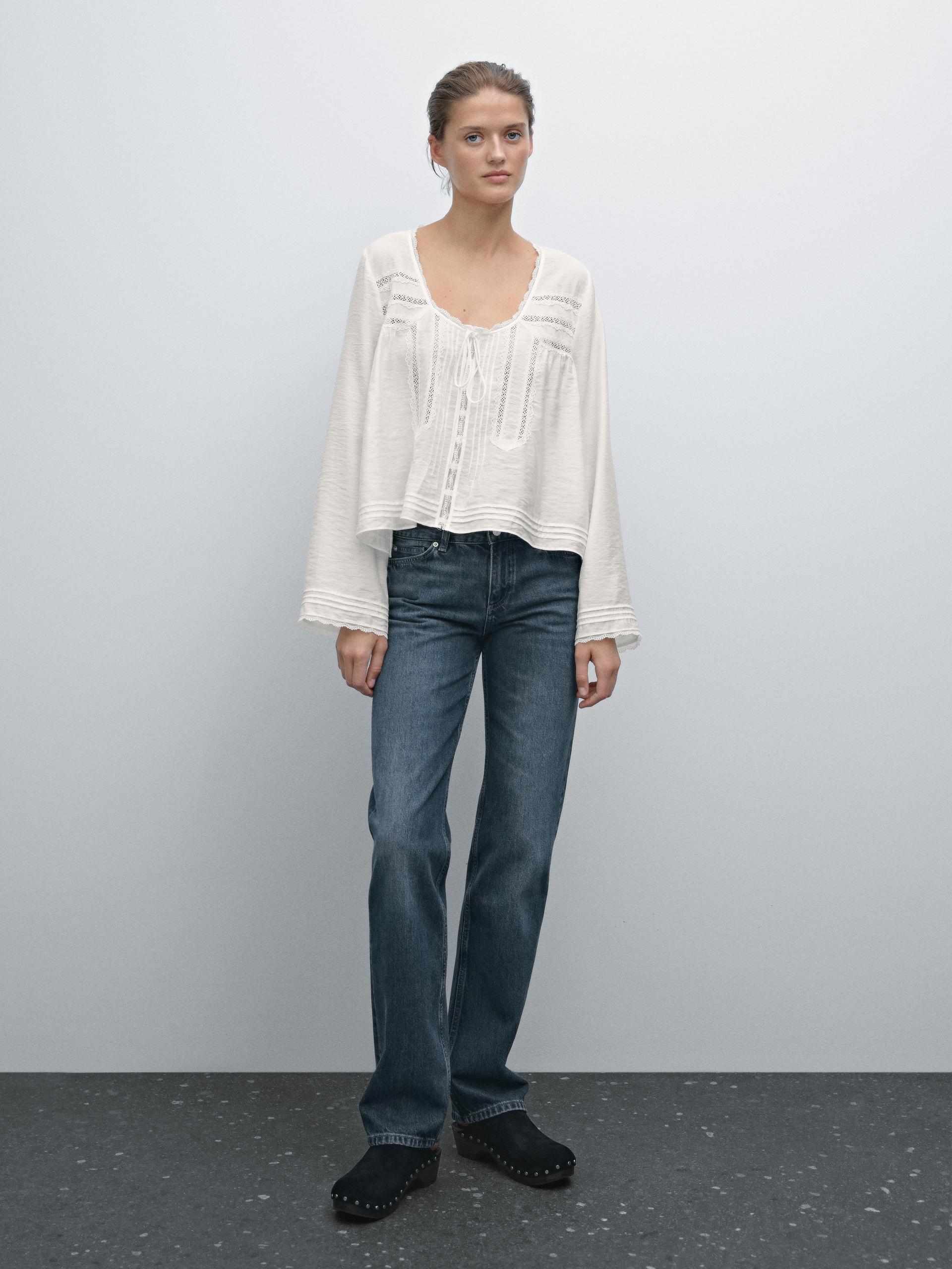 Camicetta Morbida Con Merletto - Bianco - L - Massimo Dutti - Femminile