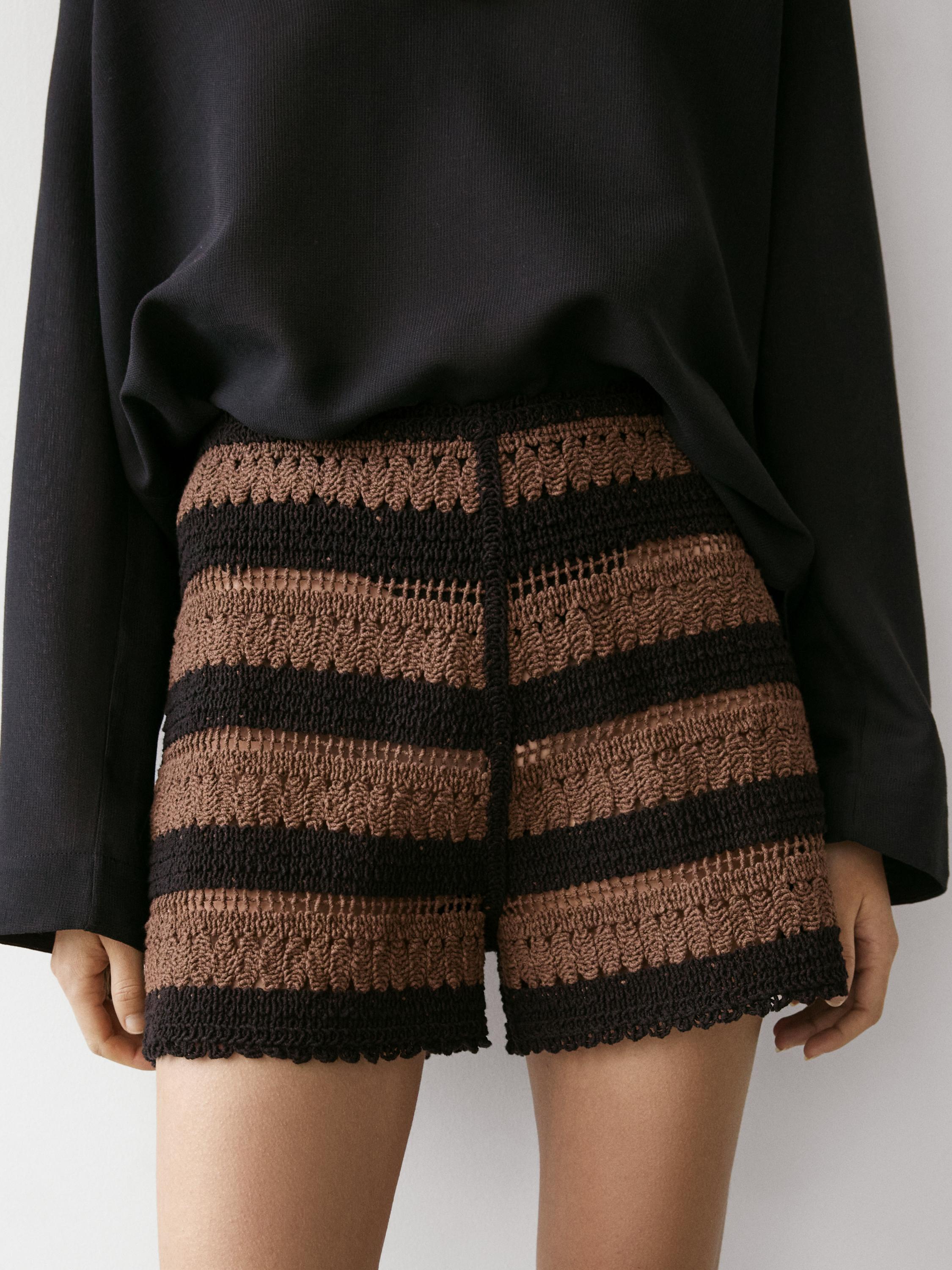 Striped cotton crochet shorts — BROWN