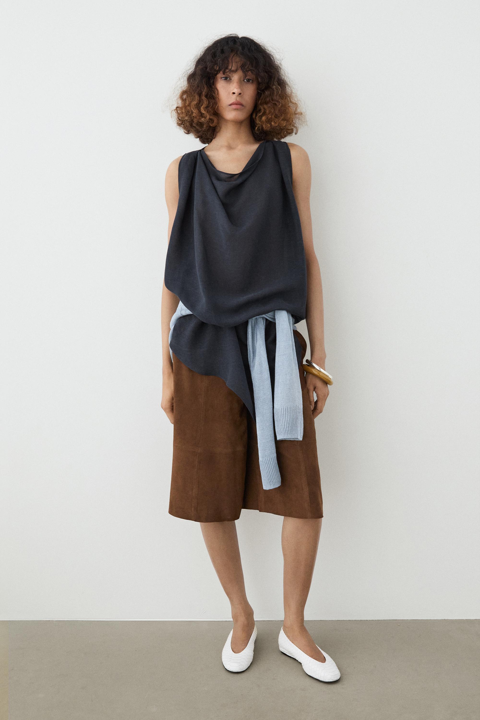 Asymmetric linen blend top — DARK BLUE