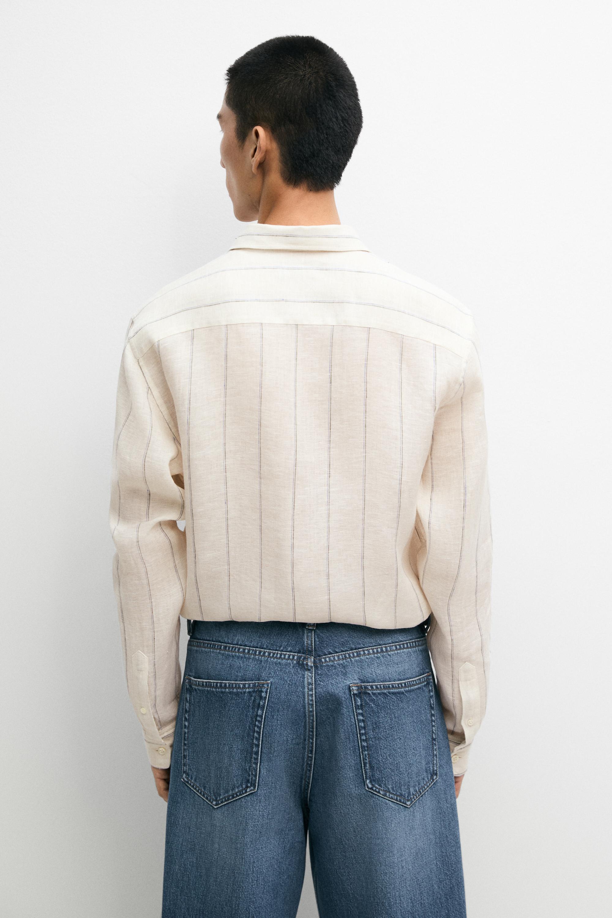 100% linen regular fit striped shirt — CREAM