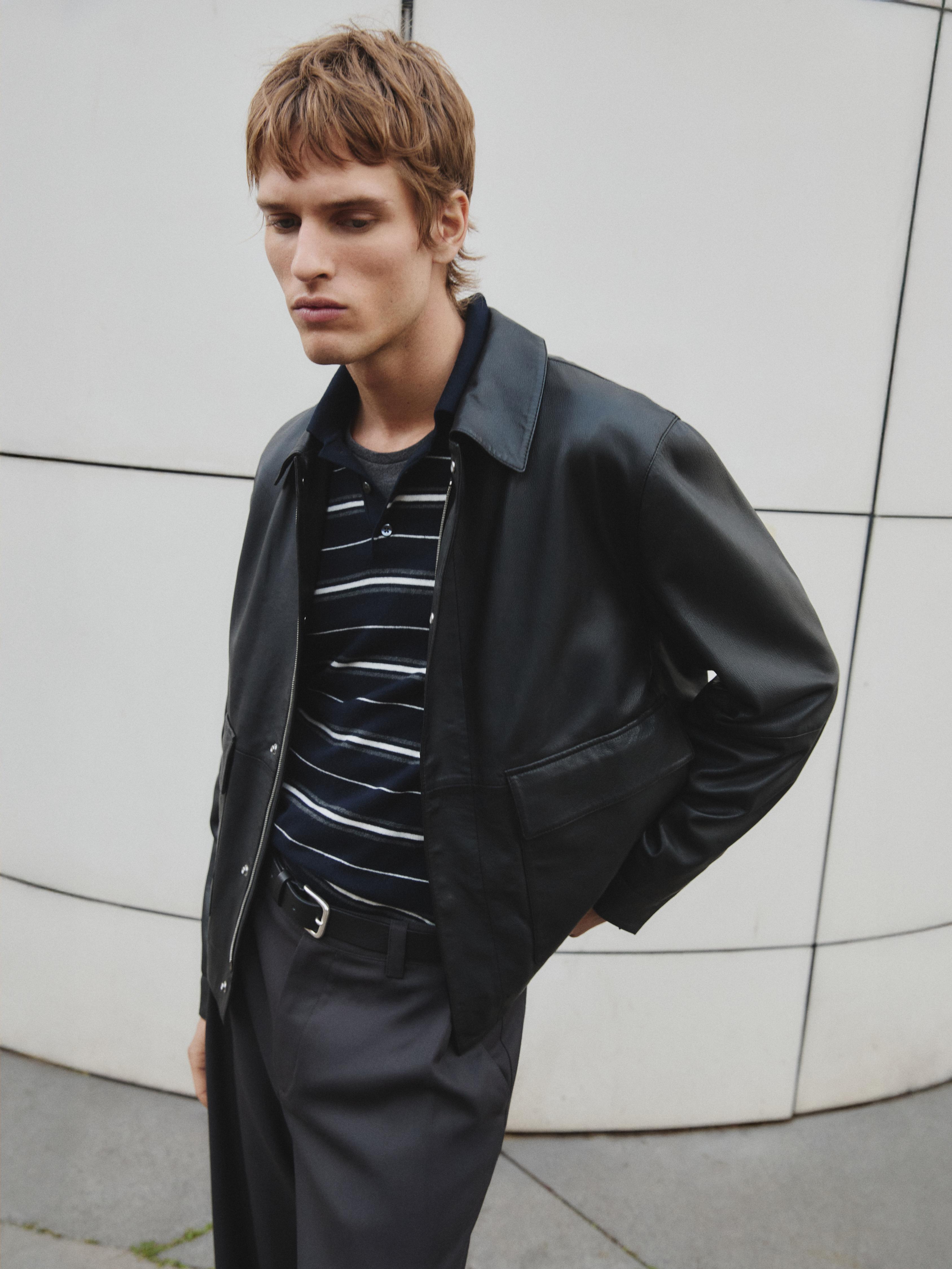 Cotton blend striped knit polo sweater — NAVY BLUE