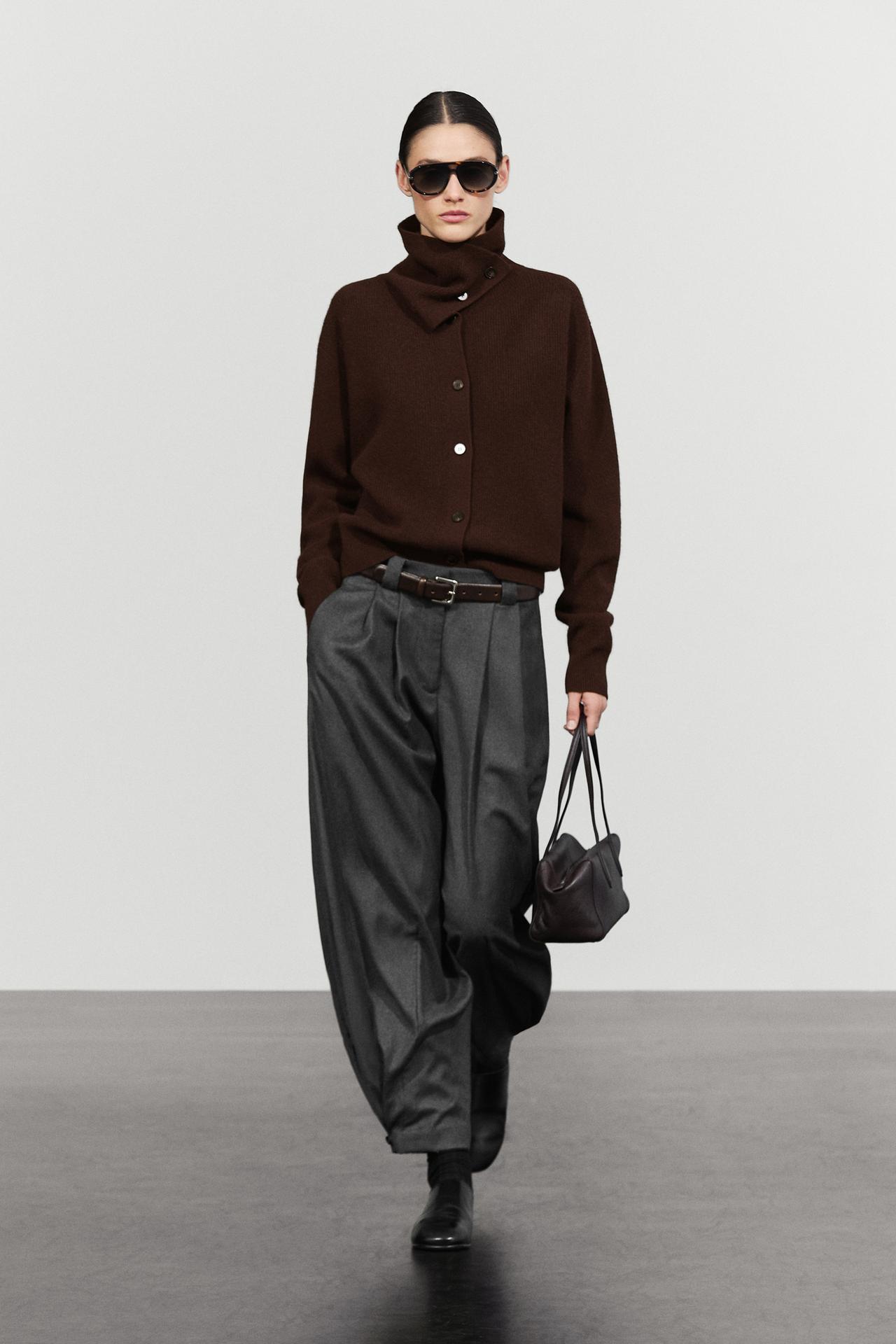 Purl knit cardigan with funnel neck — Chocolate