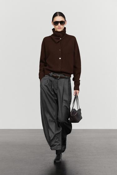 Purl knit cardigan with funnel neck — Chocolate 1