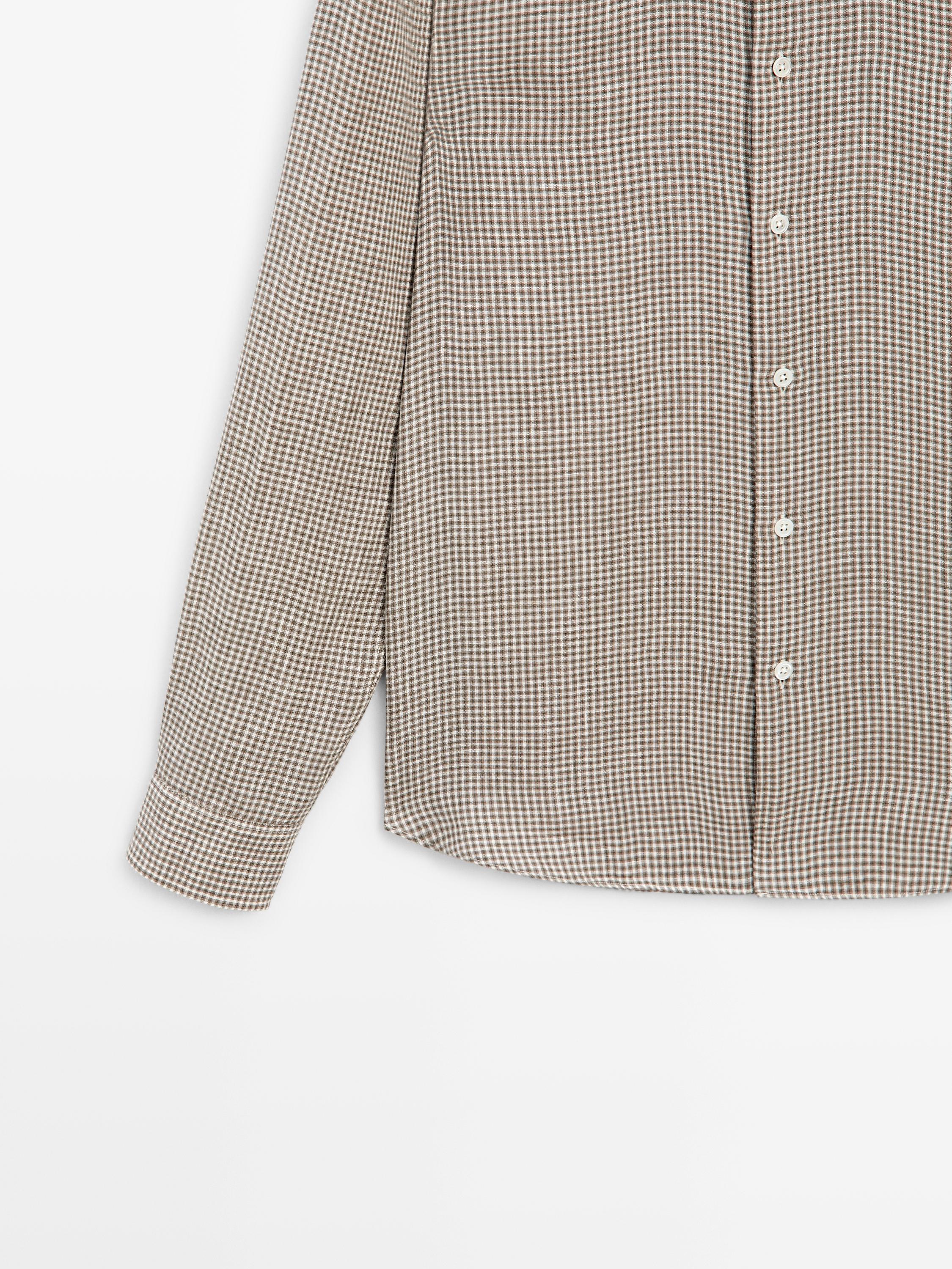 100% linen regular fit check shirt — BROWN