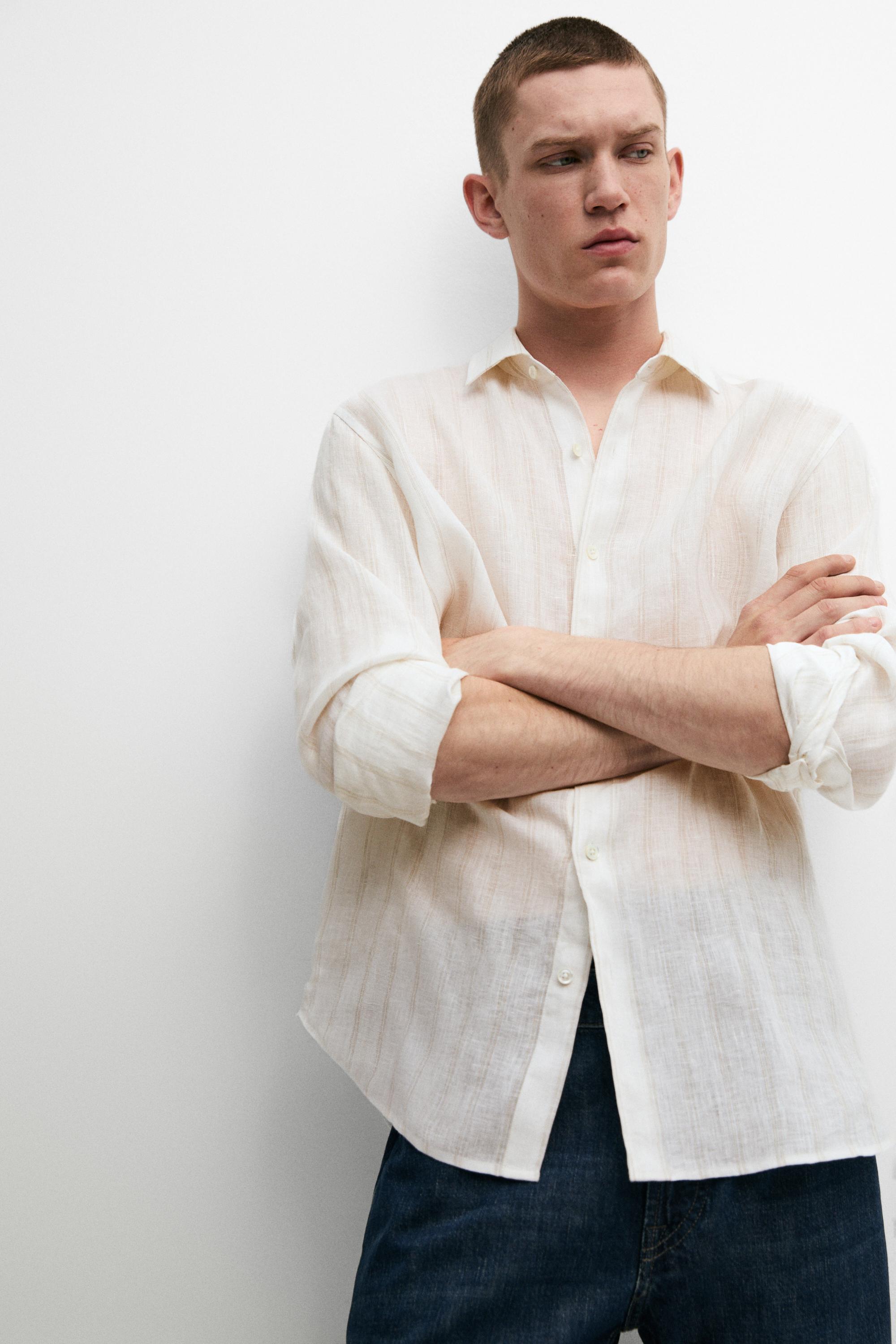 100% linen regular fit striped shirt — BEIGE