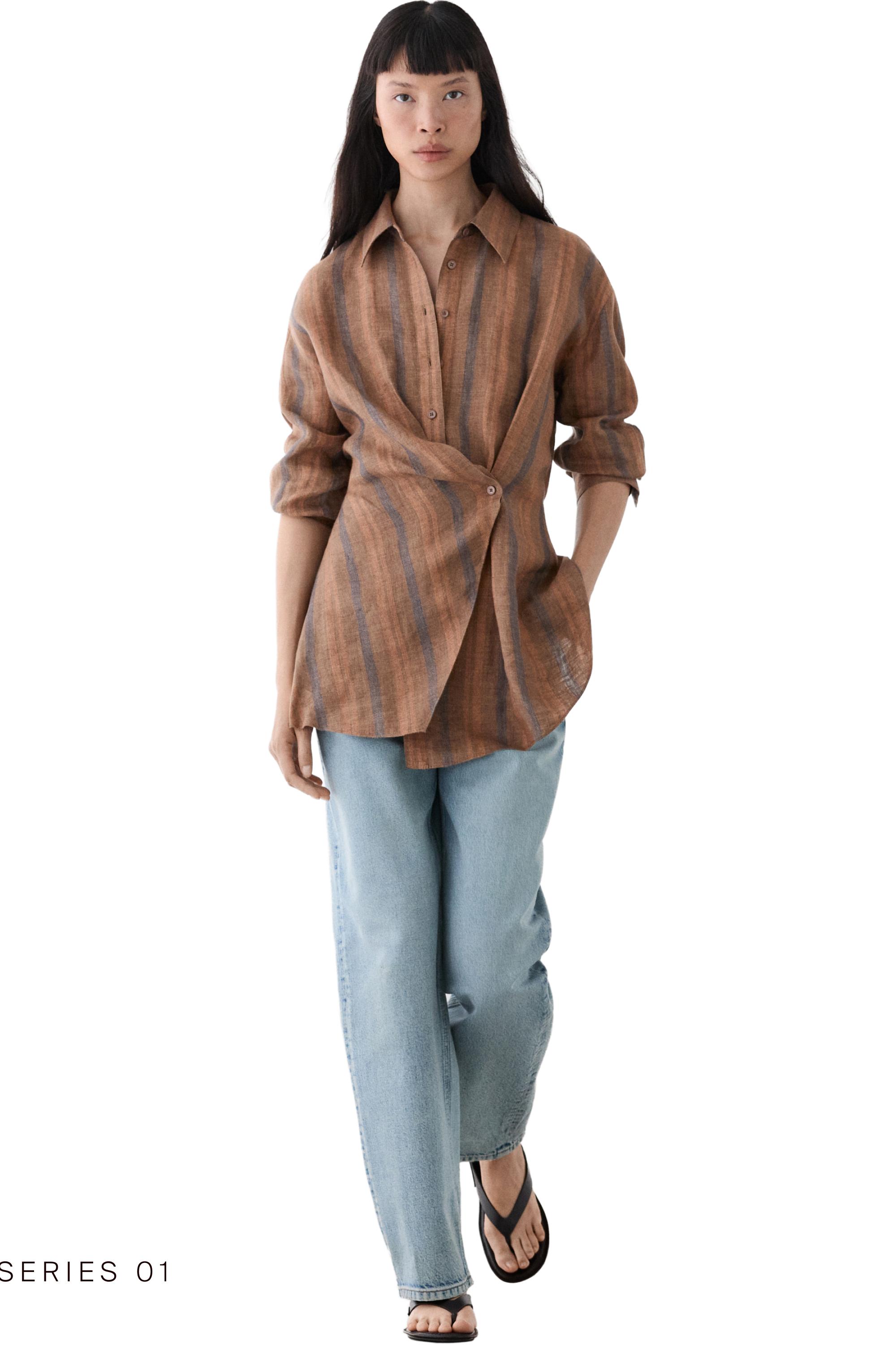 100% linen striped crossover shirt · Brown · Shirts | Massimo Dutti