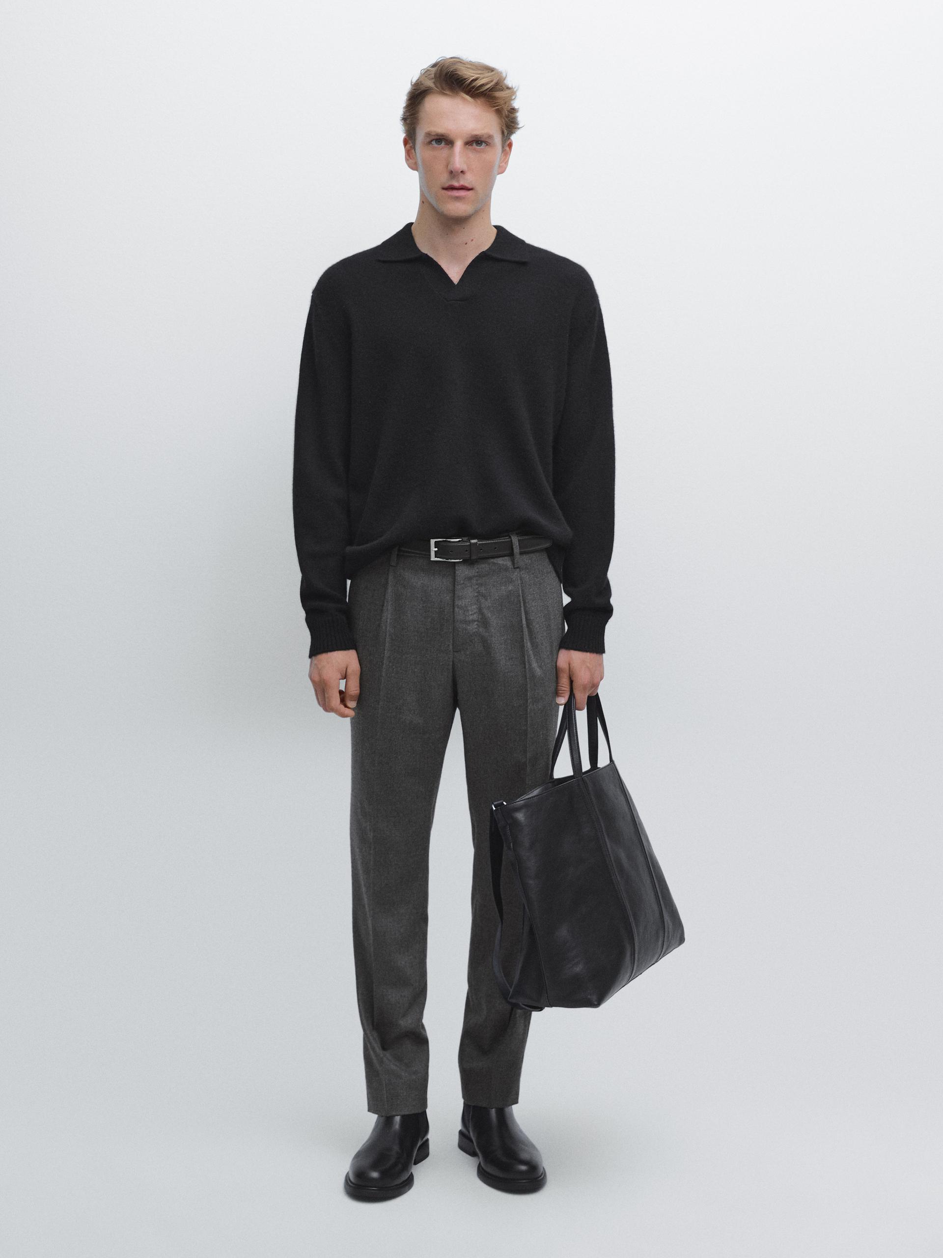 Pantalón Franela Pinzas Mezcla Lana - Gris Vigoré - 46 - Massimo Dutti - Hombre