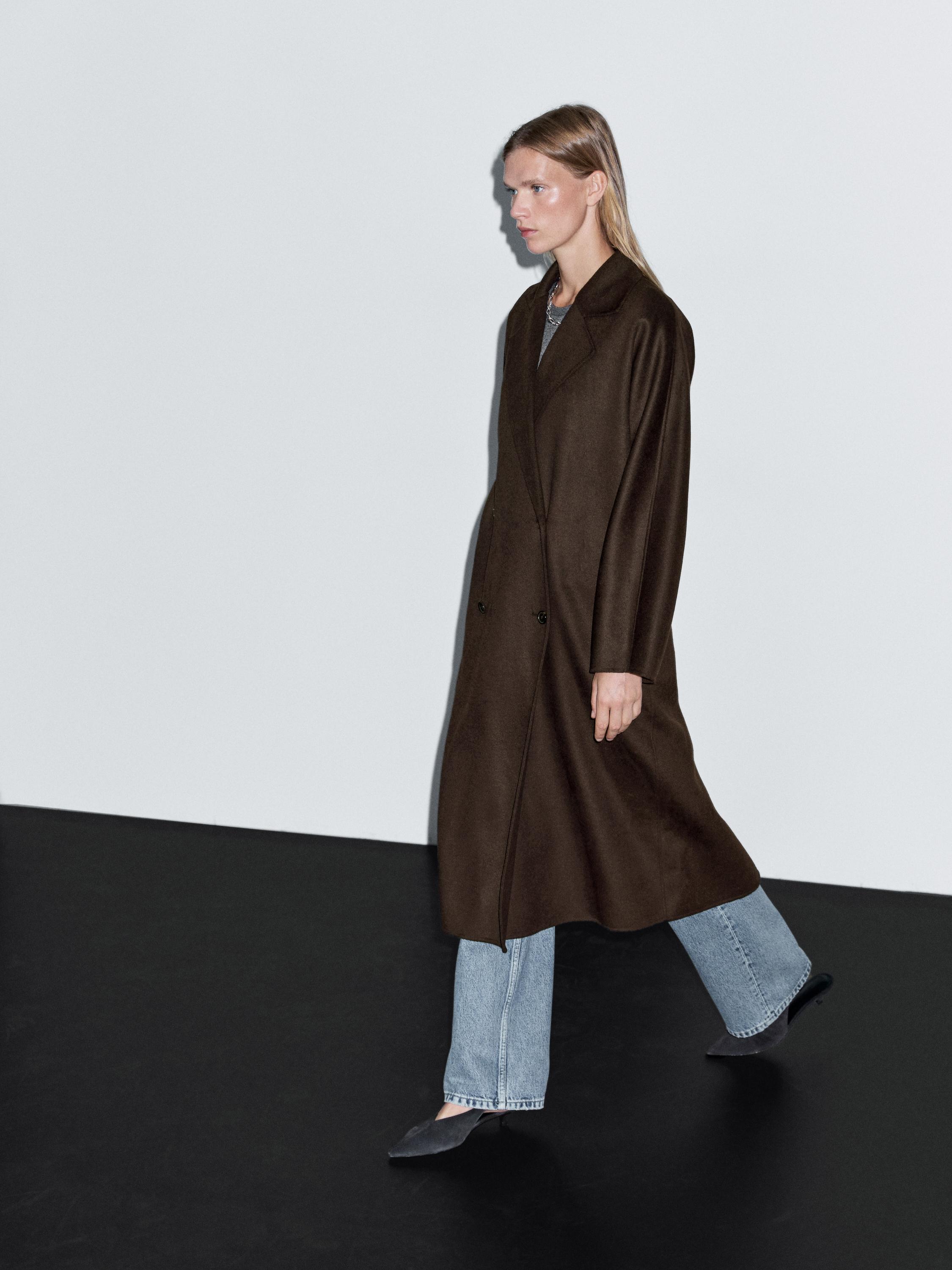Long double-breasted wool blend coat