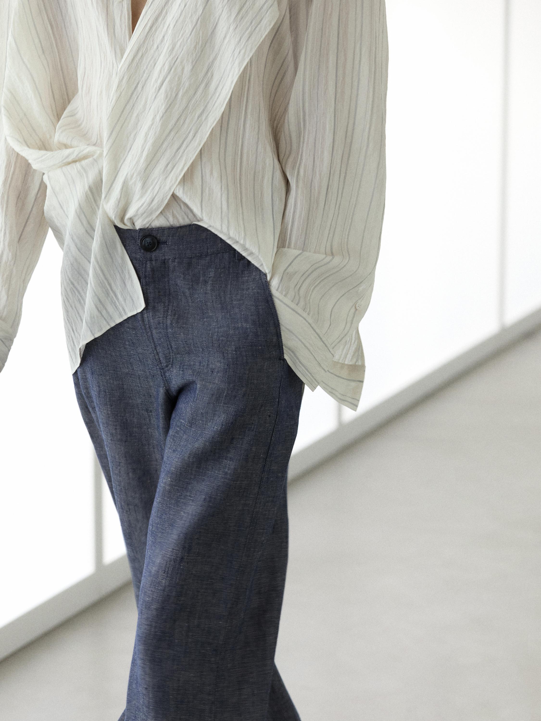 High-waist linen palazzo trousers — Dark Blue
