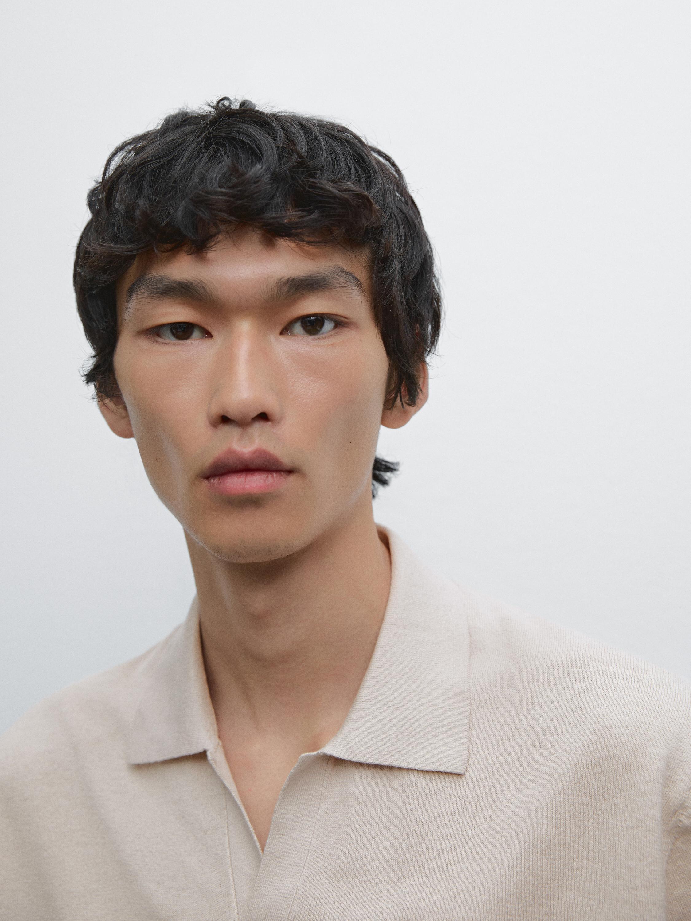 Linen blend knit V-neck polo shirt