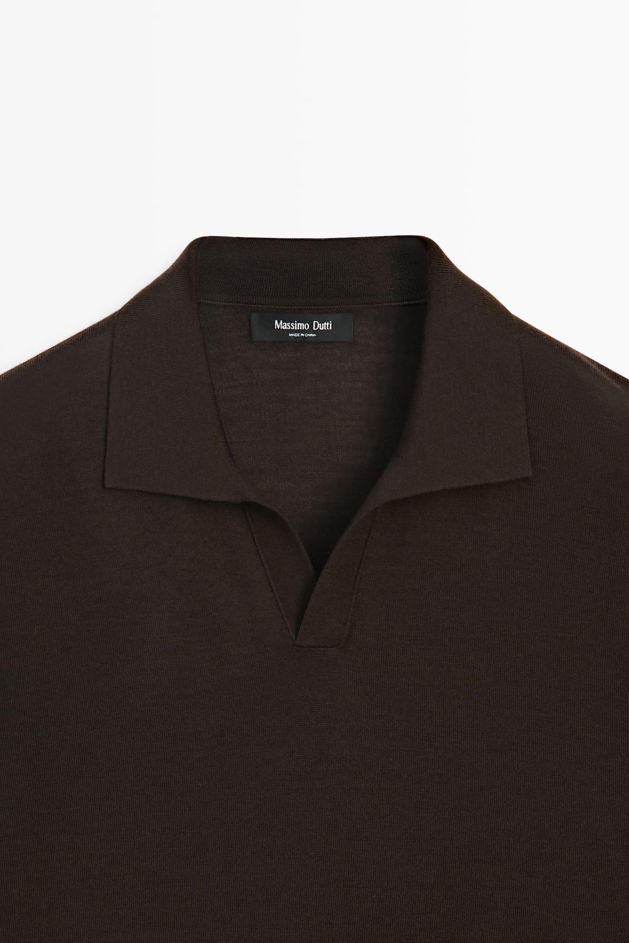 Short sleeve wool blend knit polo shirt — BROWN
