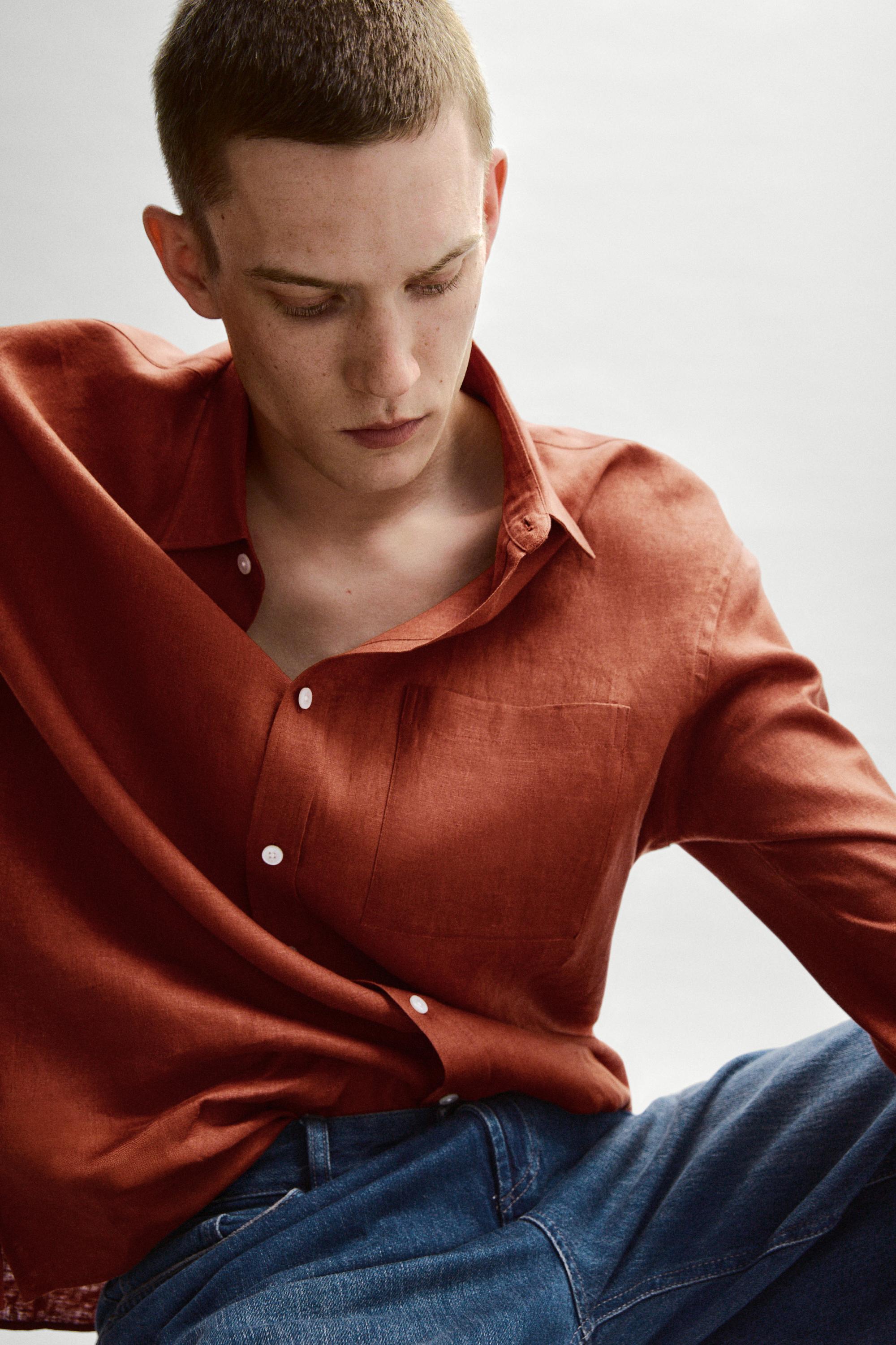 Regular fit 100% linen shirt with pocket detail — BURNT ORANGE