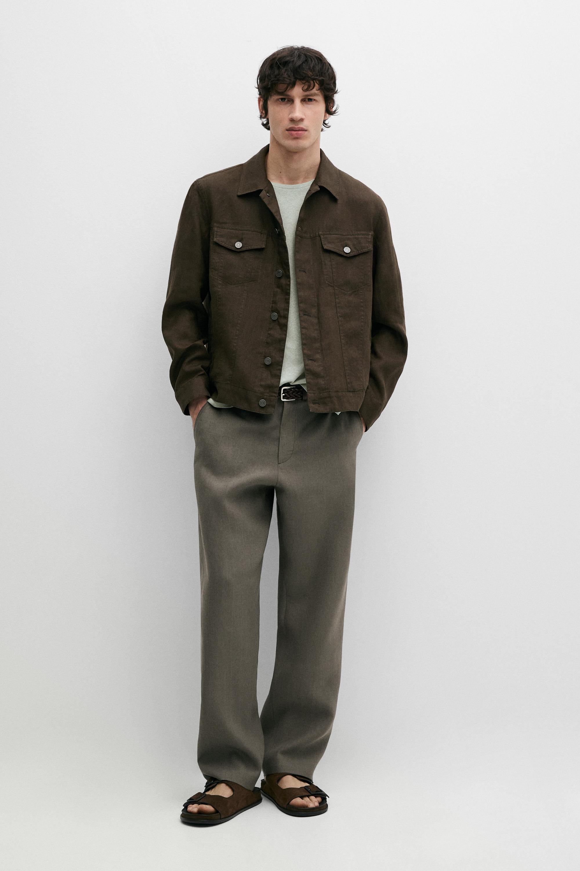 100% linen trucker jacket — DARK KHAKI
