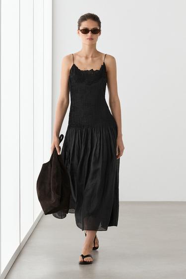 Flowing embroidered midi dress with pintuck detail — BLACK 1