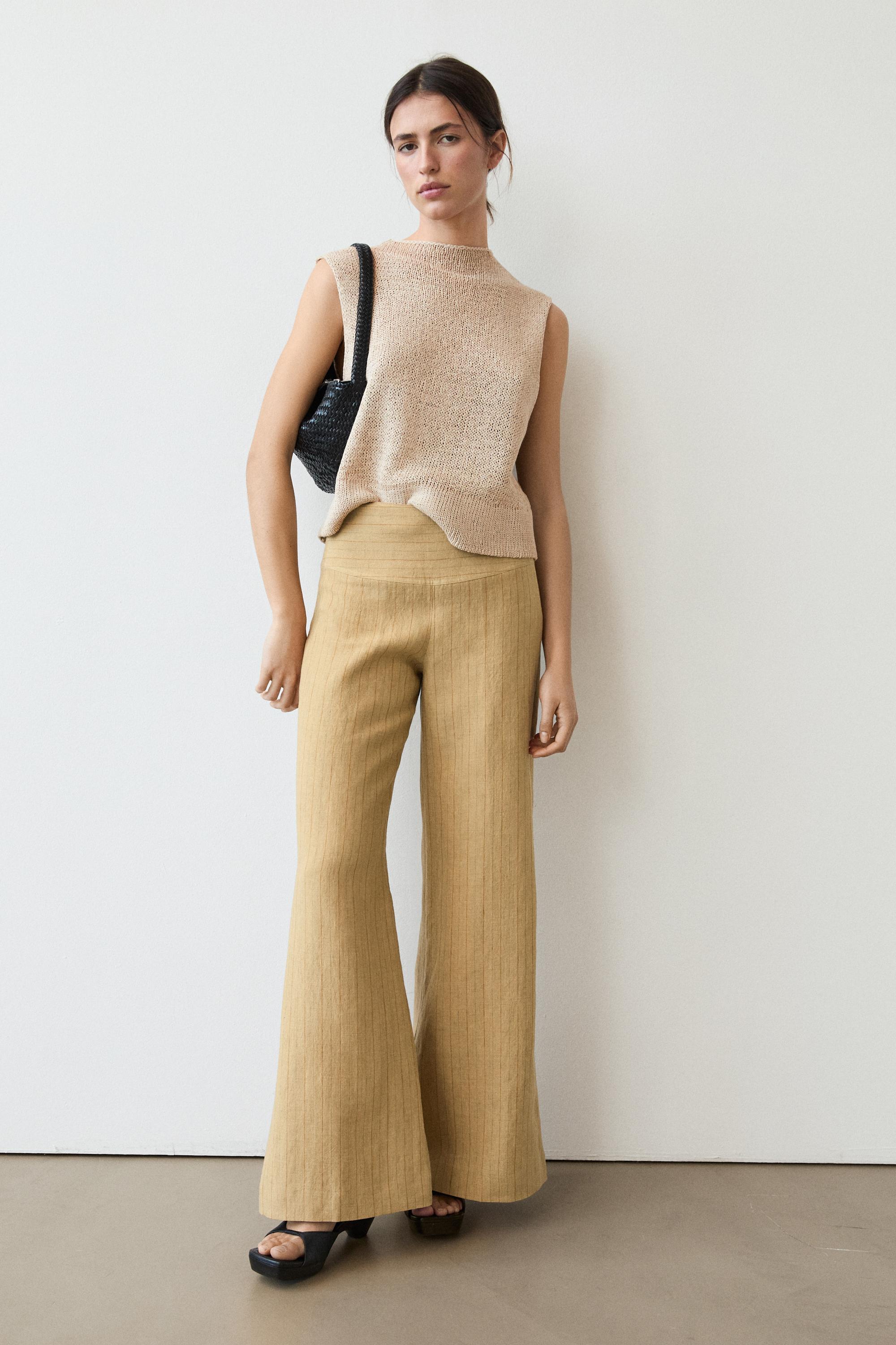 100% linen mid-waist flare pants — SAND