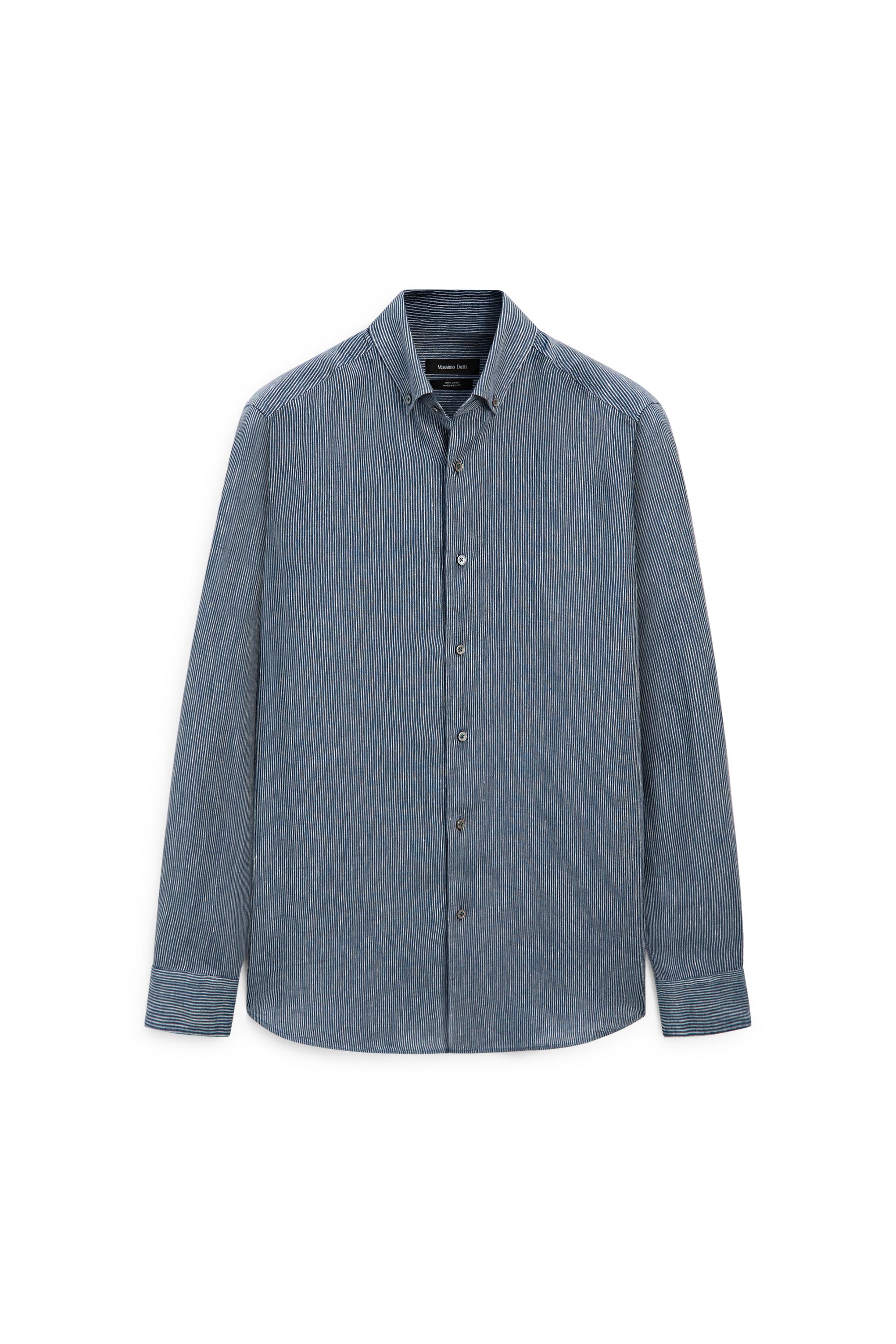 100% linen pinstriped regular fit shirt — NAVY BLUE