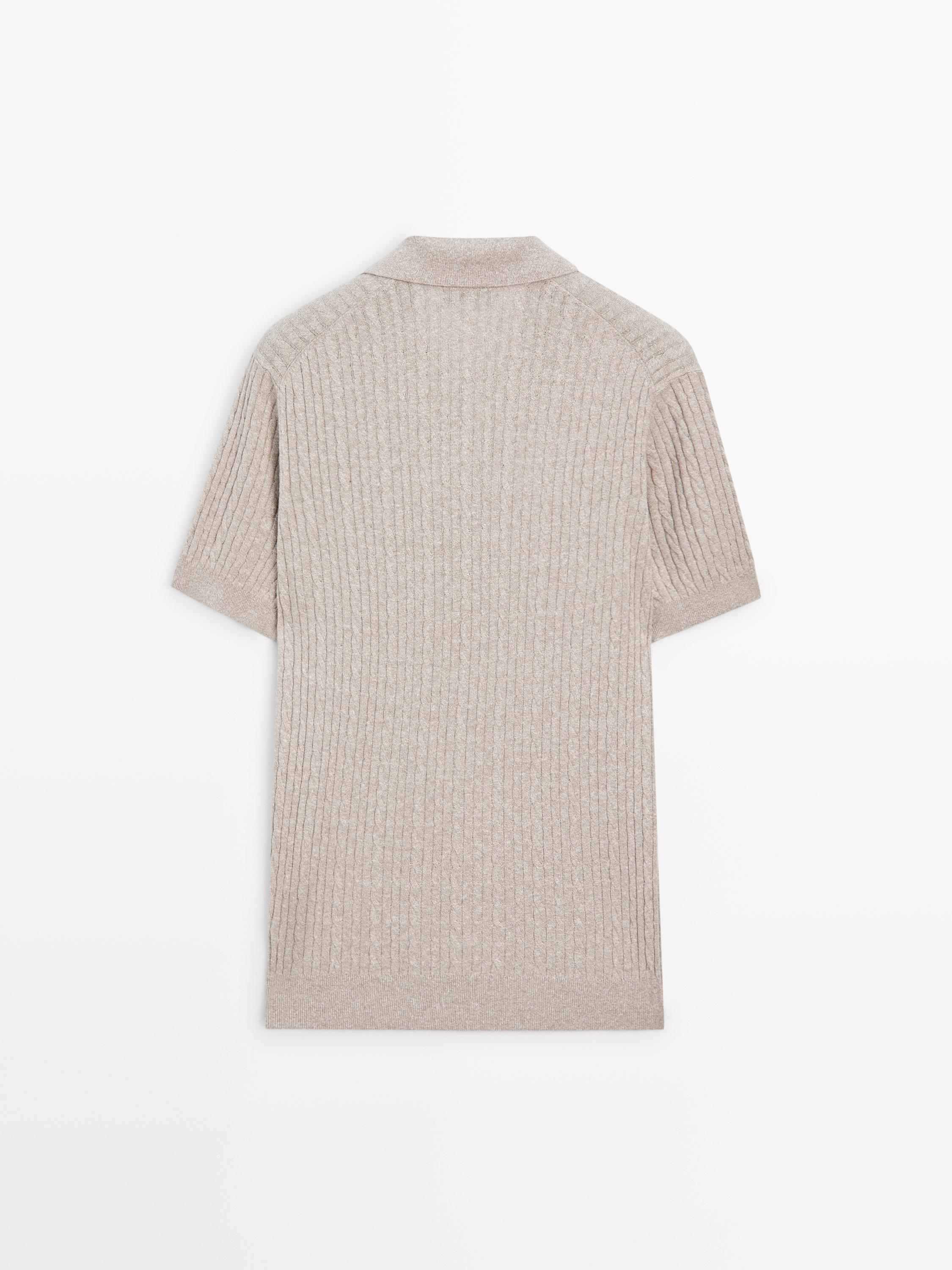 Short sleeve knit polo shirt with cable-knit detail — MINK