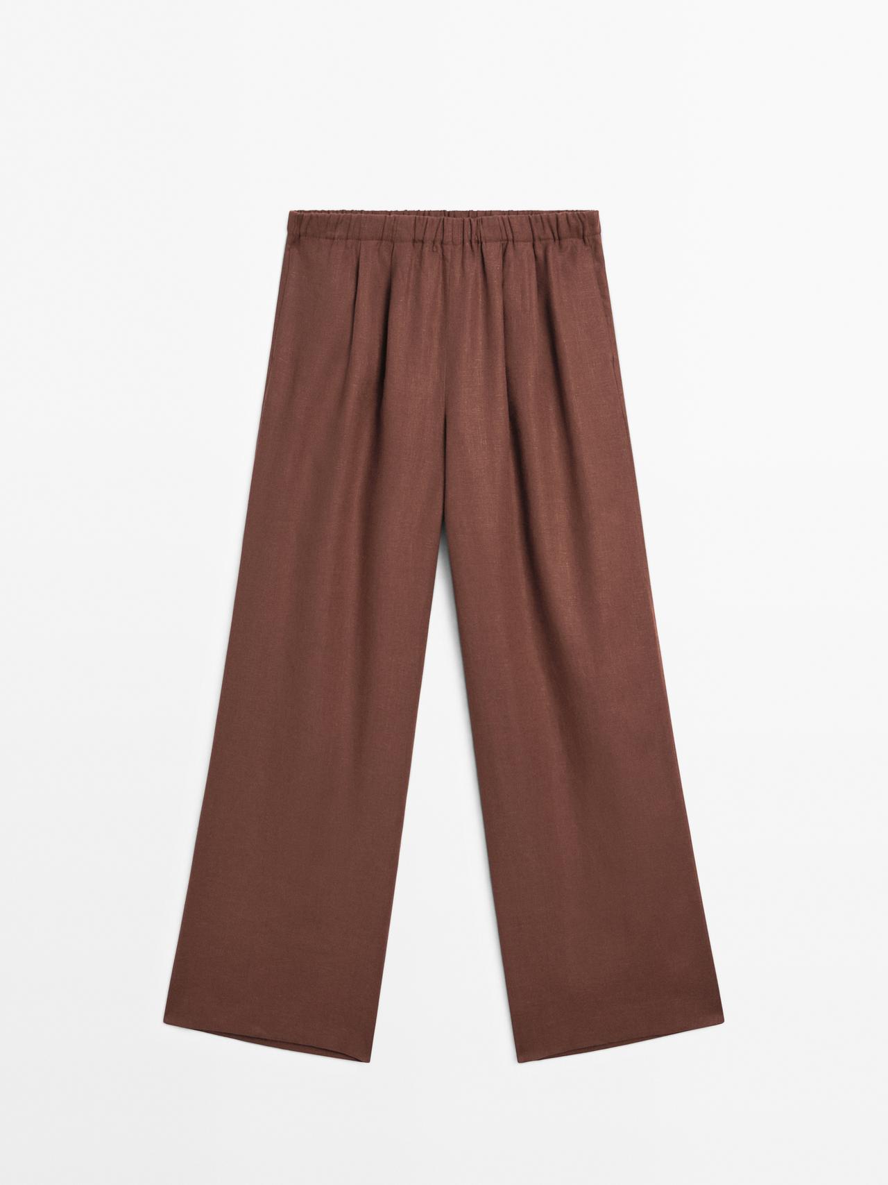 Luźne Spodnie Ze 100% Lnu Z Szerokimi Nogawkami - Brązowy - 34 - Massimo Dutti - Kobieta