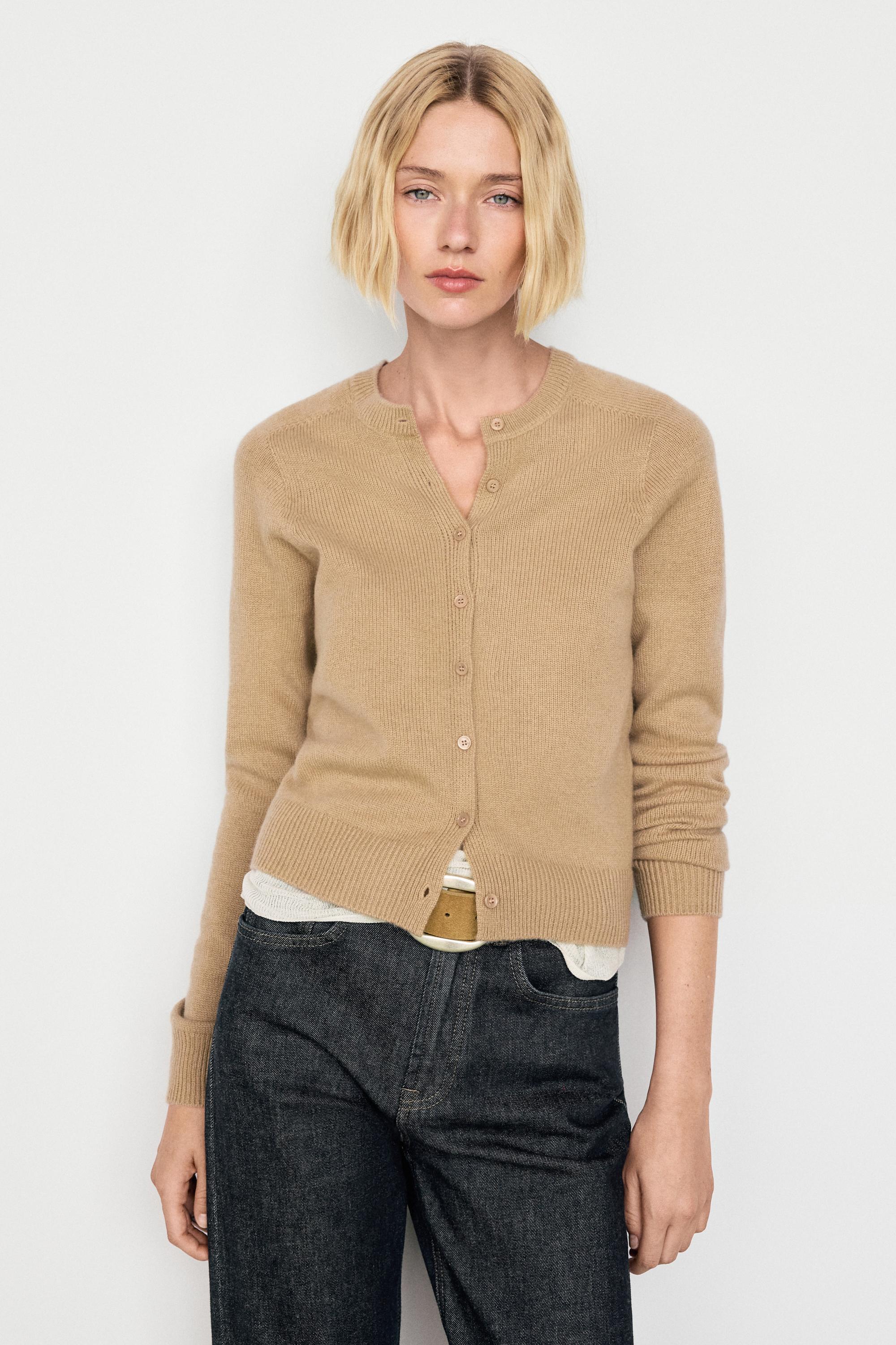 100% cashmere cropped knit cardigan — CAMEL