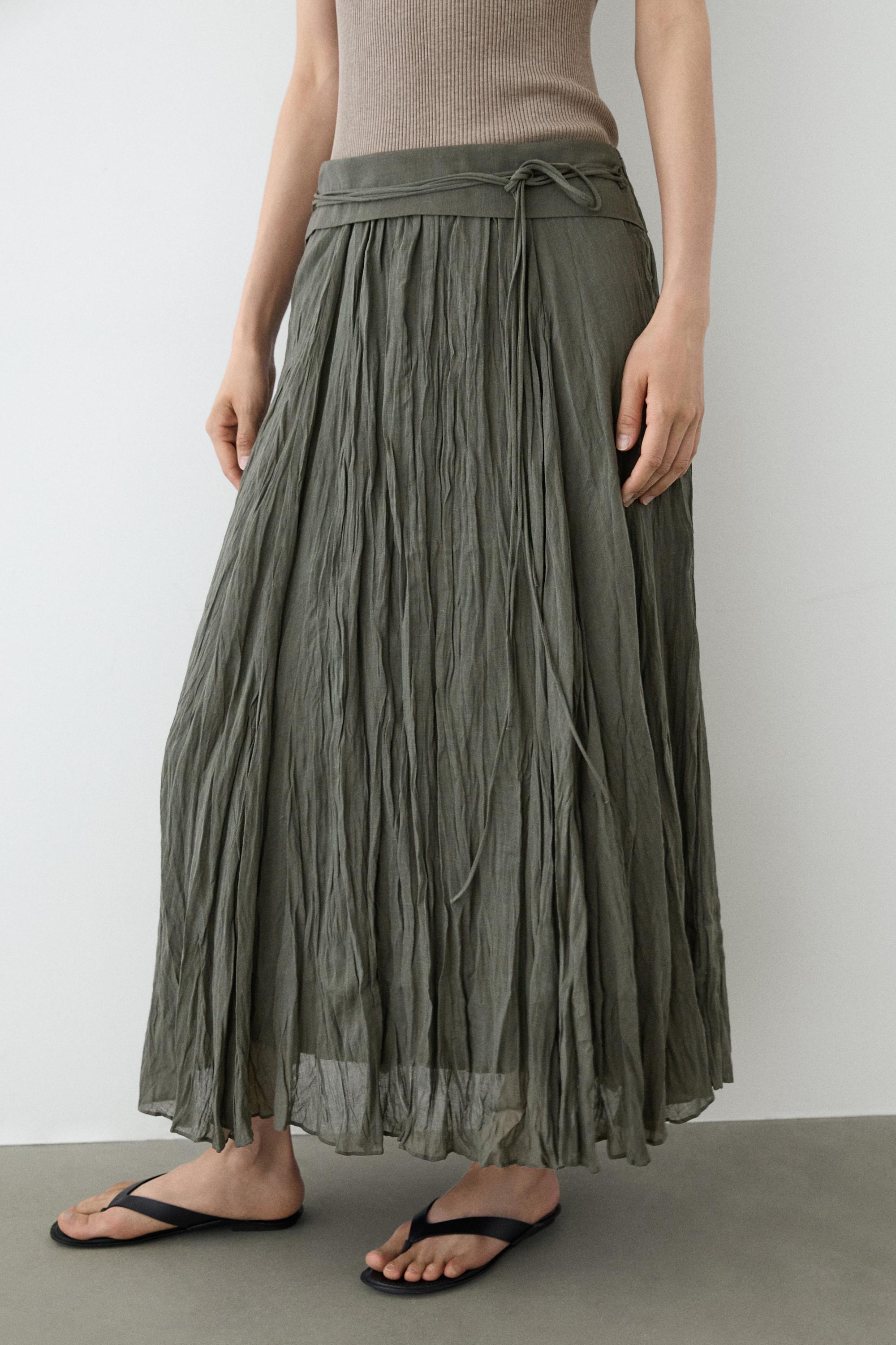 Ramie blend midi skirt with gathered detail — GREEN