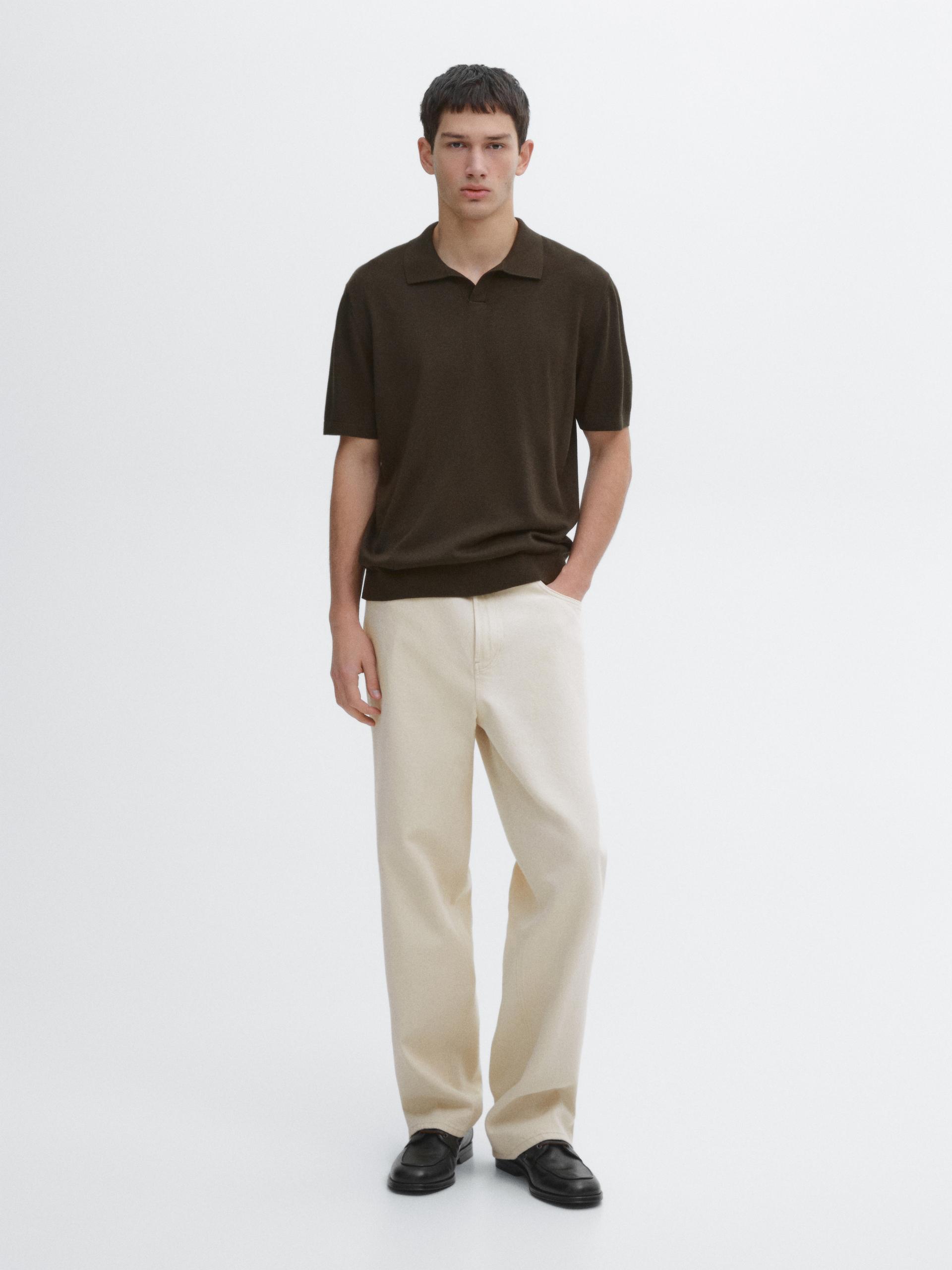 Pull Polo Col En V Manches Courtes - Kaki Sombre - M - Massimo Dutti - Homme