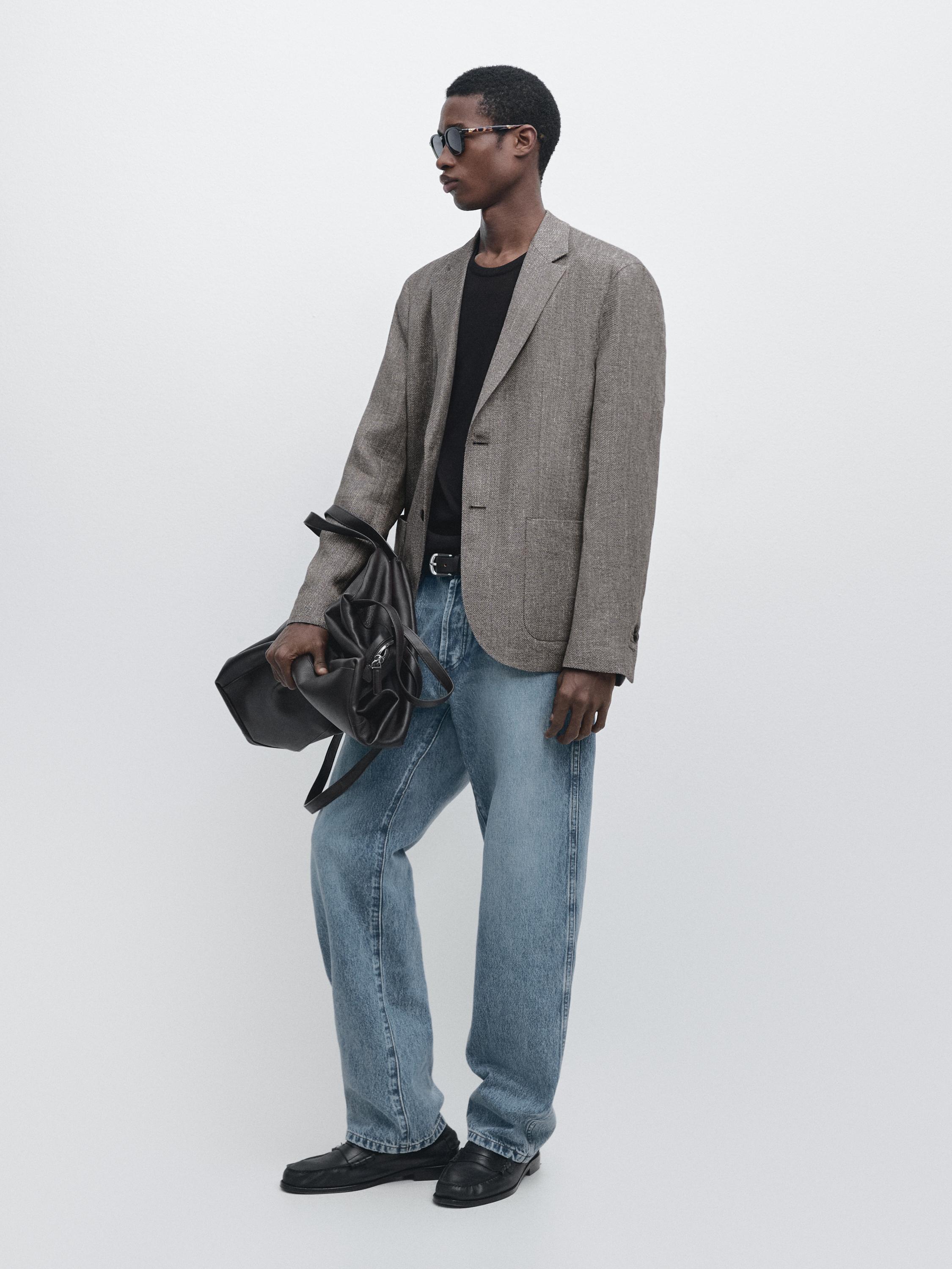 Tailored linen blend herringbone blazer — GREY MARL
