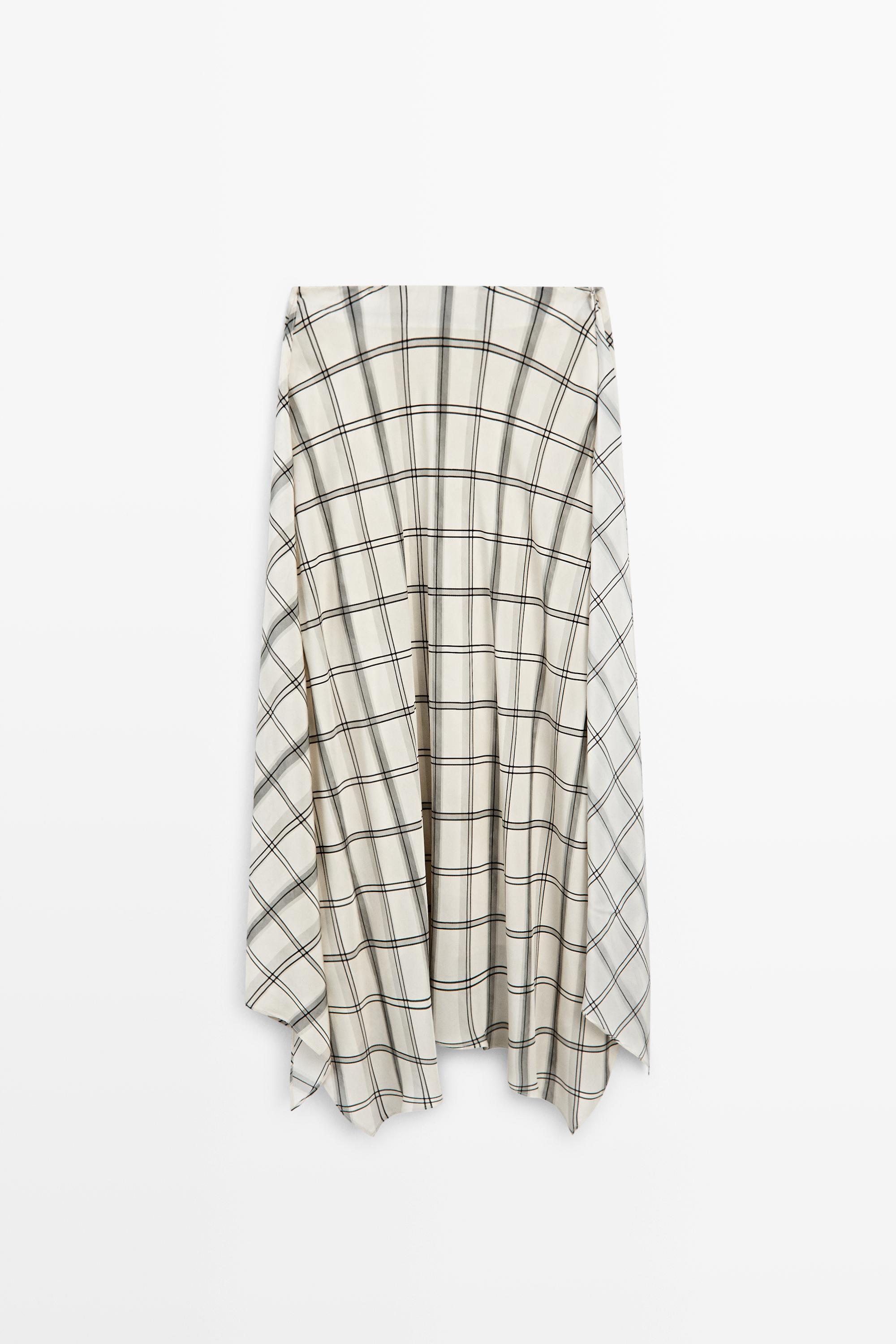 Asymmetric midi skirt with check detail — WHITE