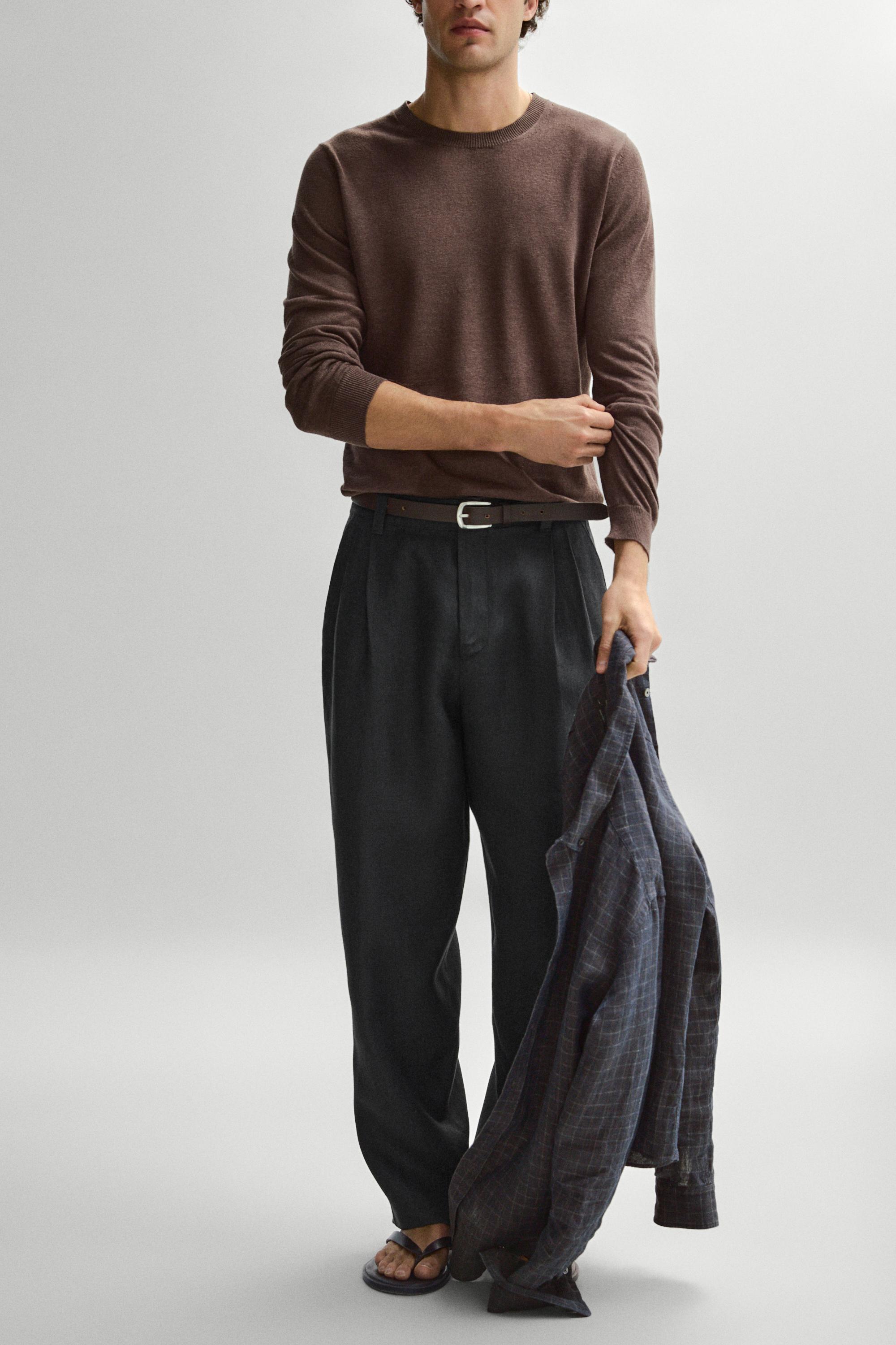 100% linen trousers with double darts — BLACK