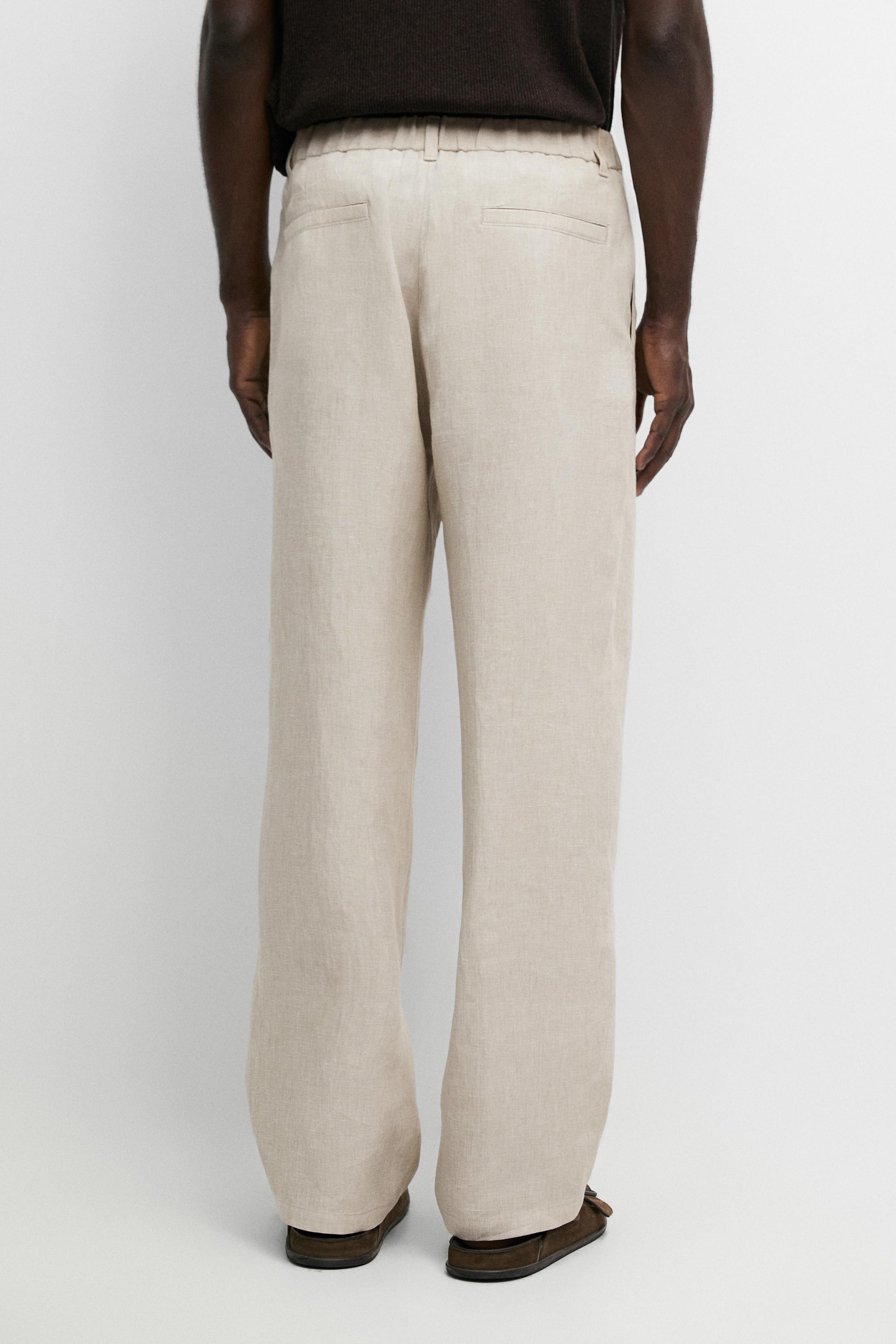 100% Linen Elastic-Waist Pants — BEIGE