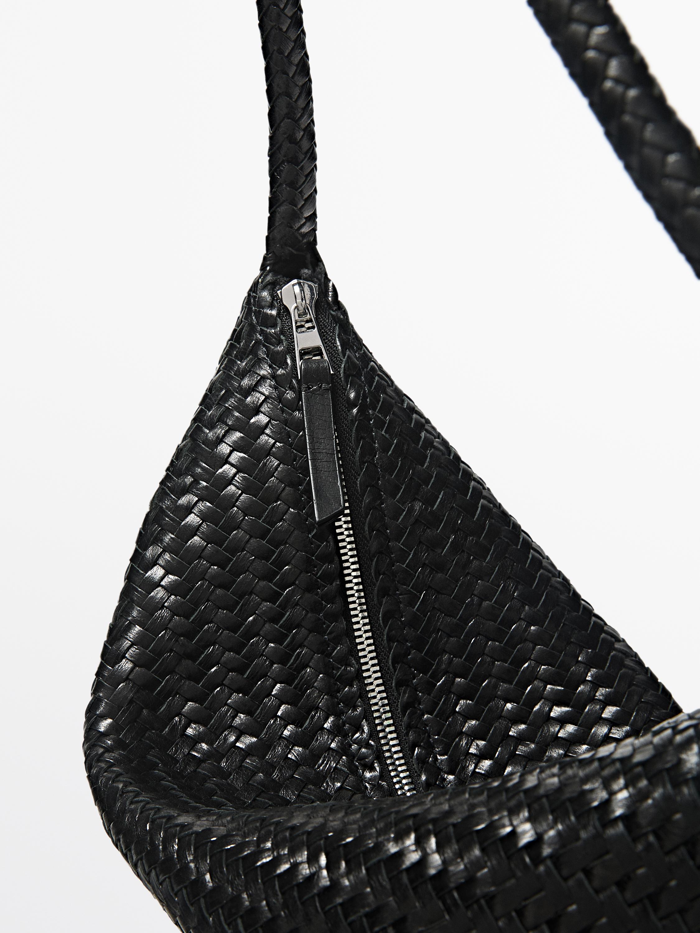 Mid-sized braided leather shoulder bag — BLACK