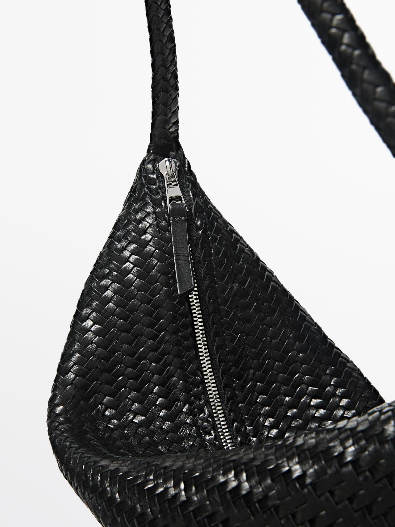 Mid-sized braided leather shoulder bag — BLACK