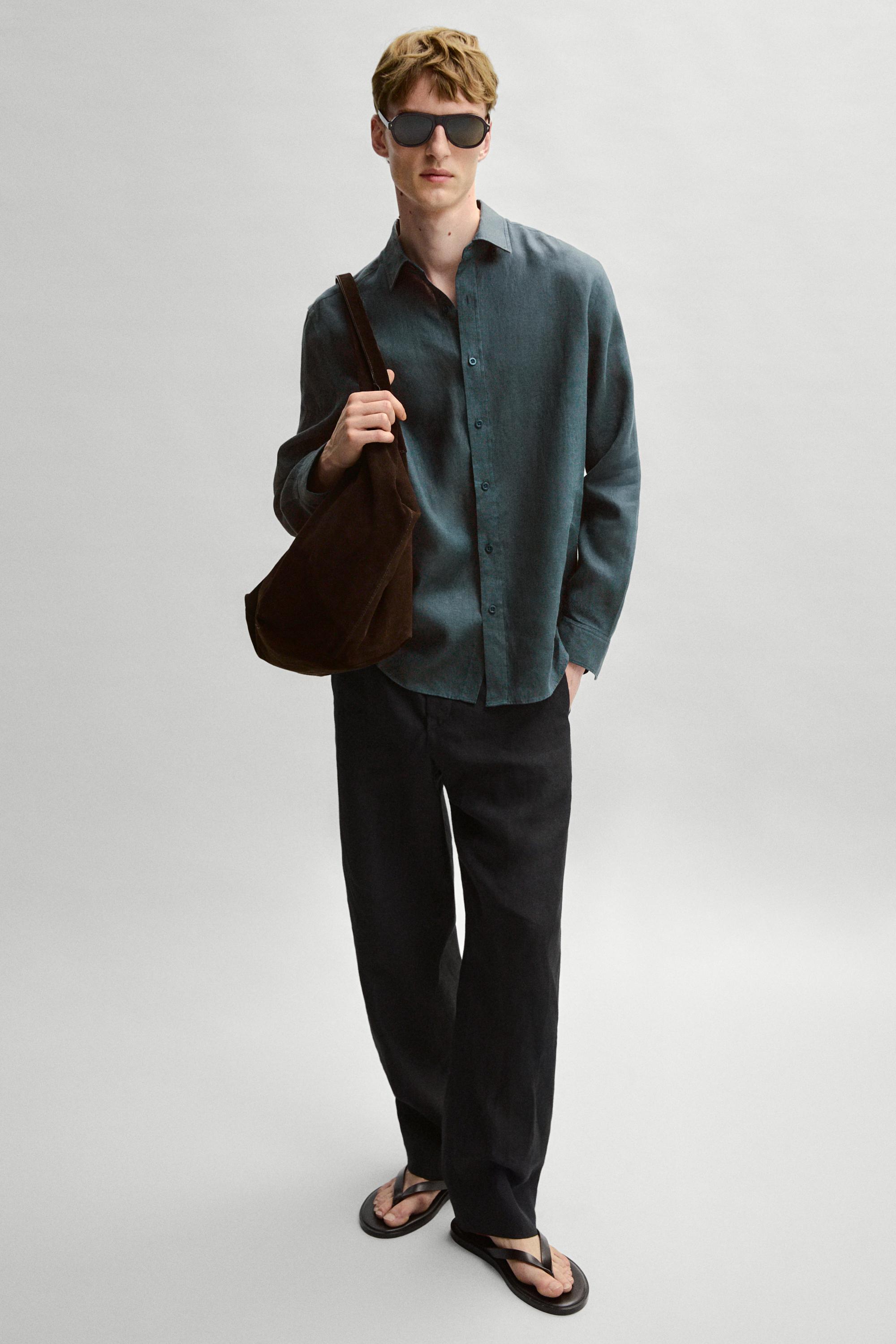 Slim fit 100% linen shirt — Misty blue