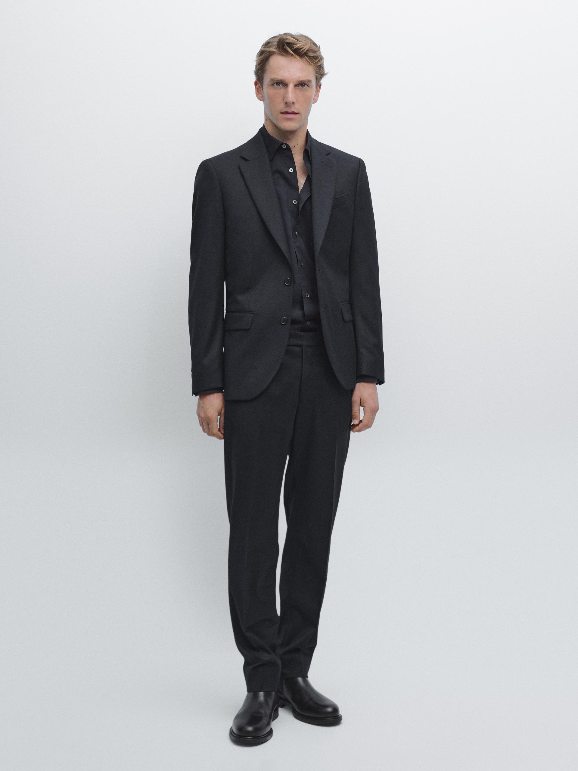 Pantalon De Costume En Flanelle De Laine Mélangée - Bleu Marine - 42 - Massimo Dutti - Homme