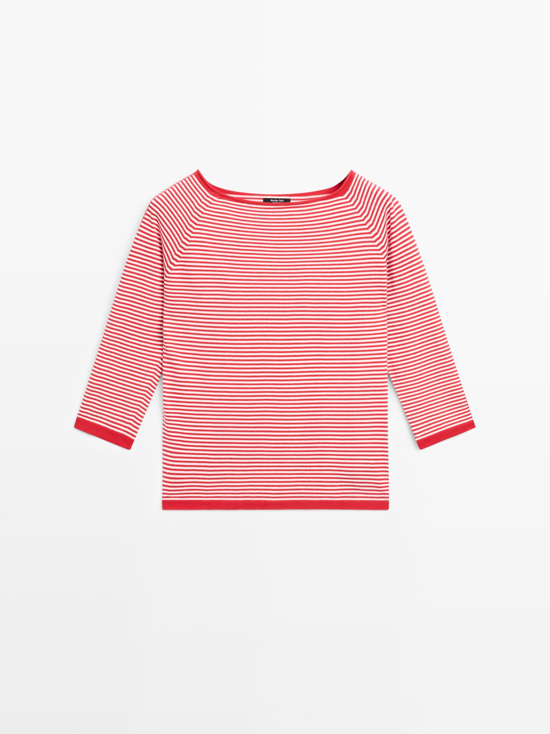 100% cotton striped knit sweater — RED