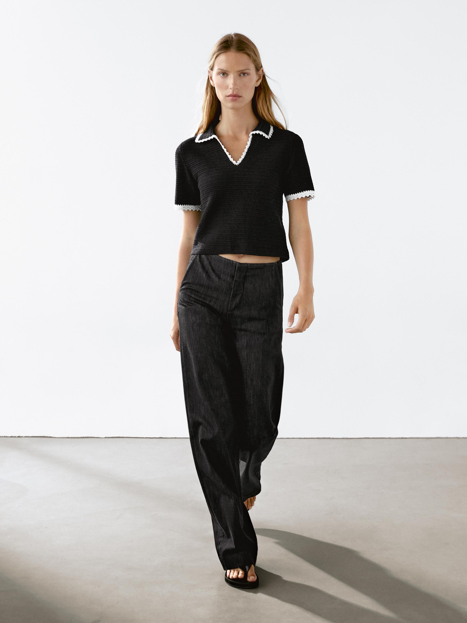 Massimo Dutti Short Sleeve Knit Cotton Polo Shirt In Black