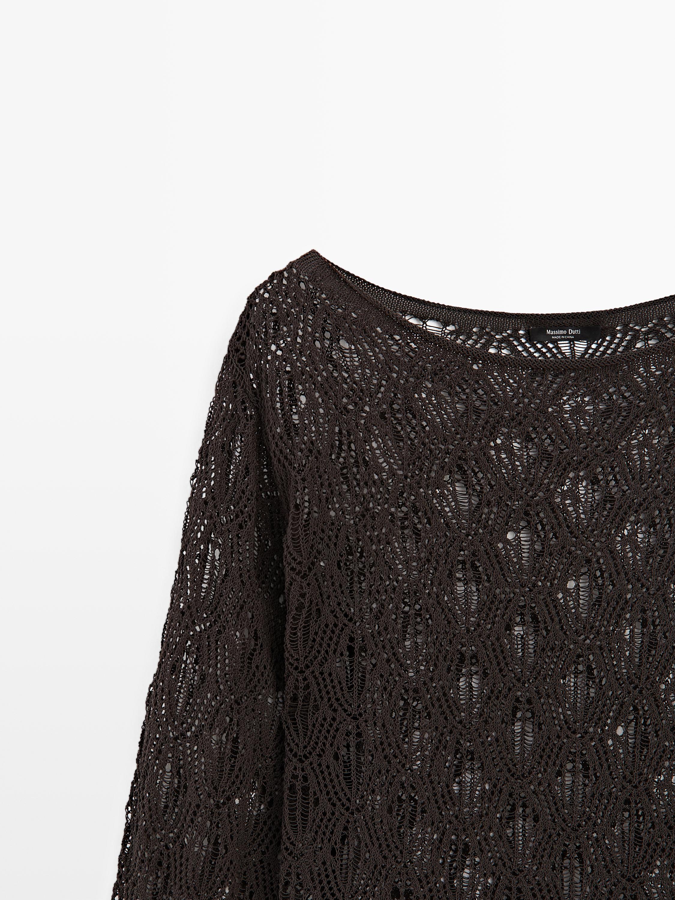 Boatneck sweater with openwork detail — BROWN