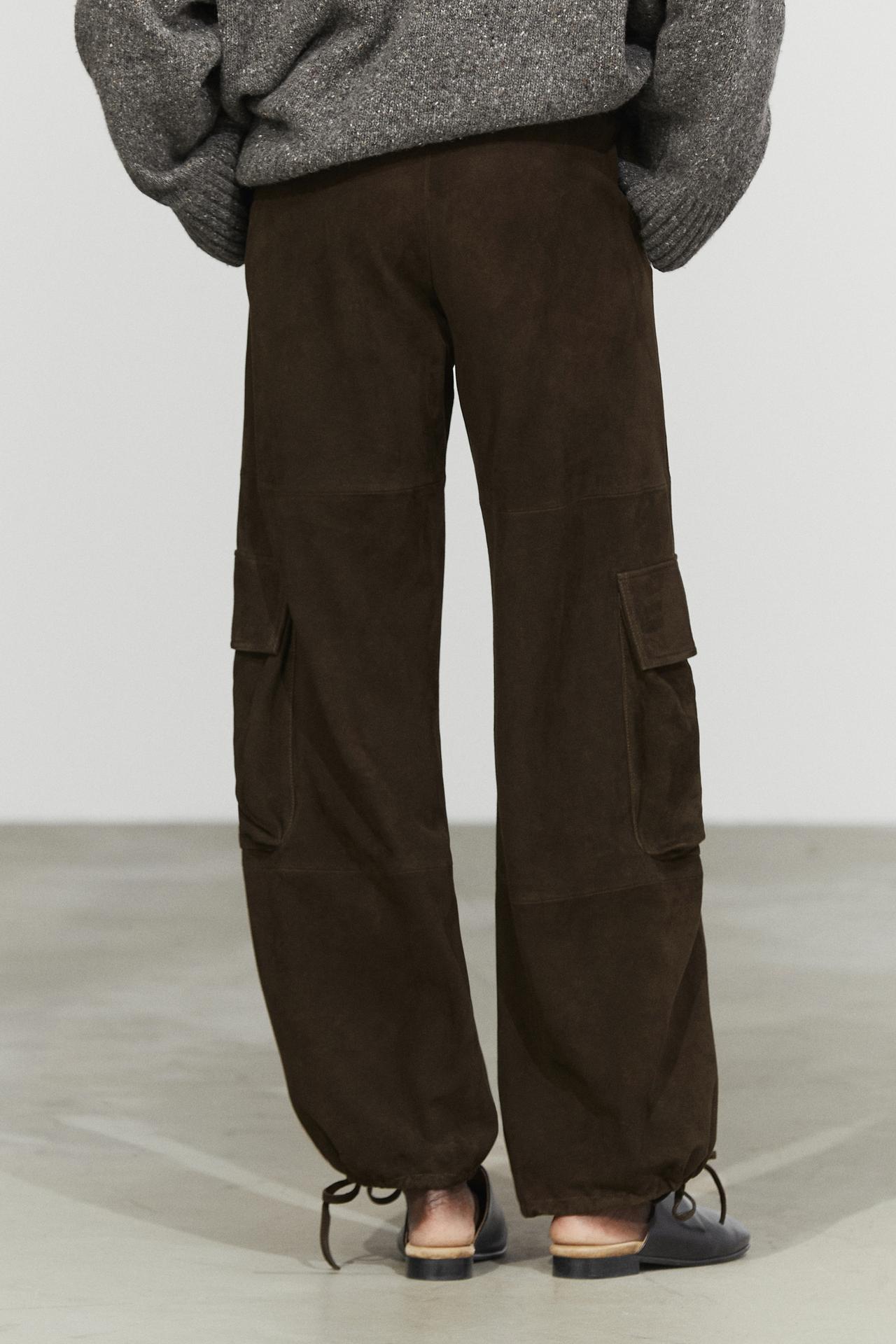 Cargo pants with Suede leather hem detail — Chocolate