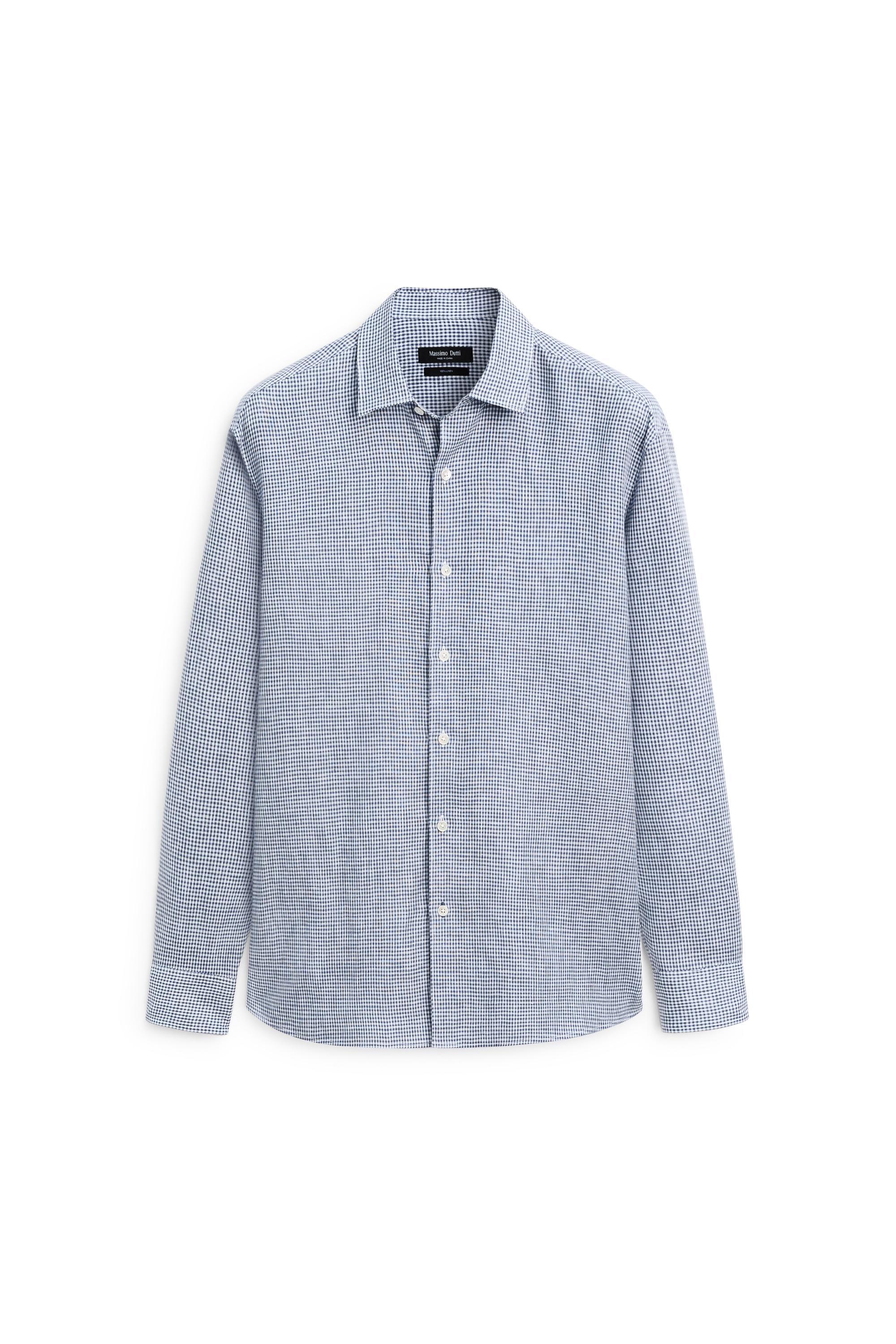 100% linen regular fit gingham shirt — NAVY BLUE