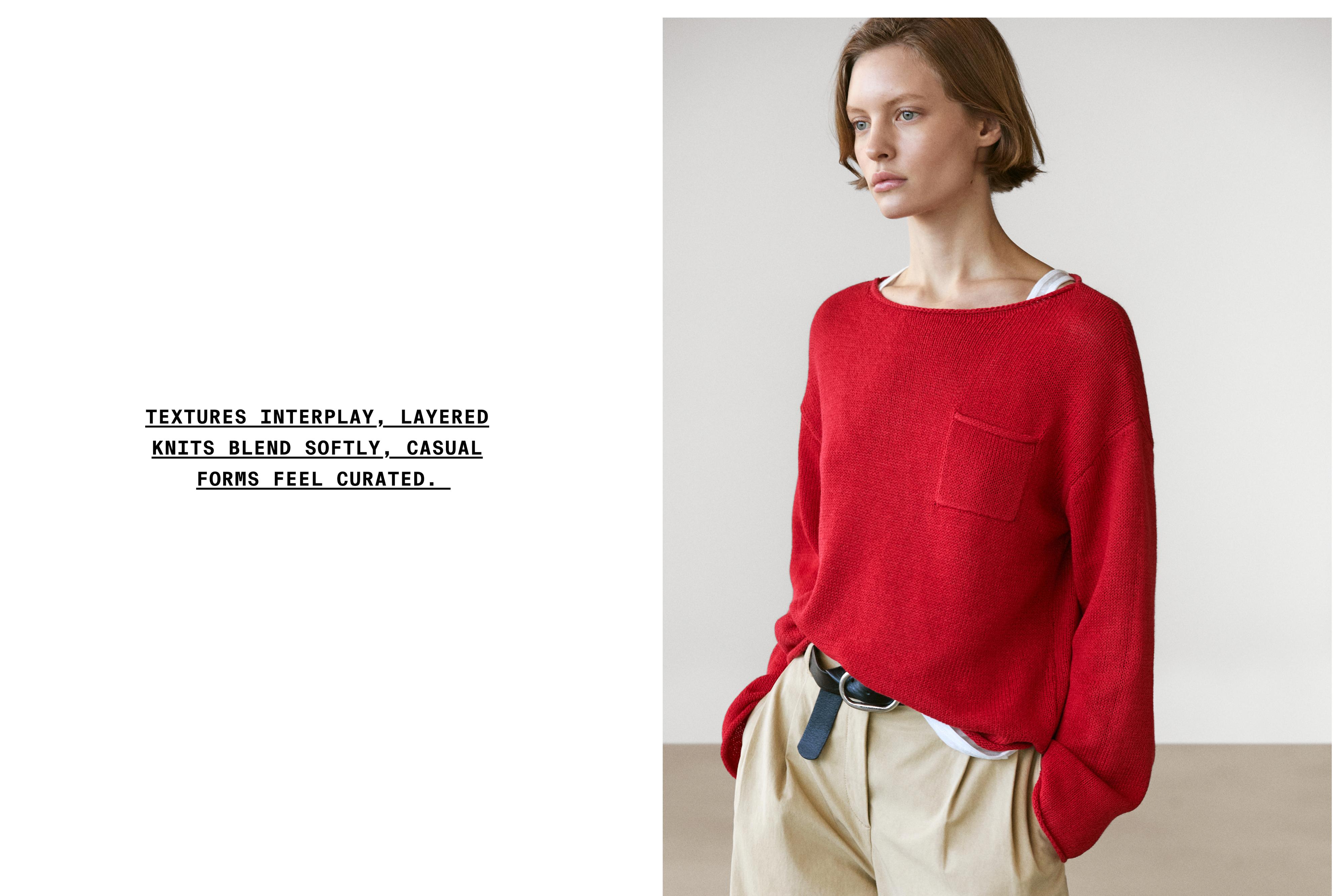 Cotton and linen knit sweater with pocket detail — RED