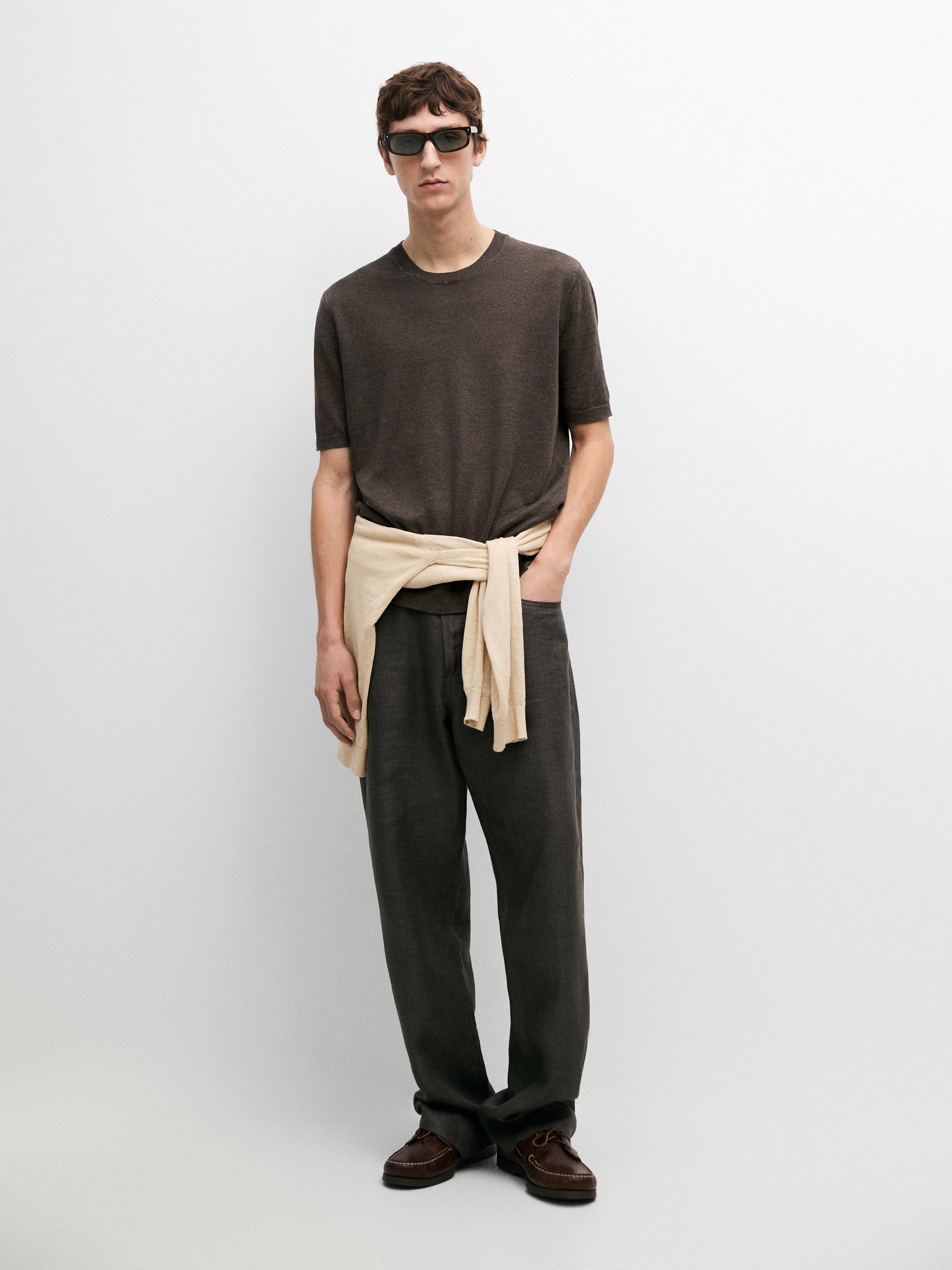 Lightweight 100% linen knit T-shirt — BROWN