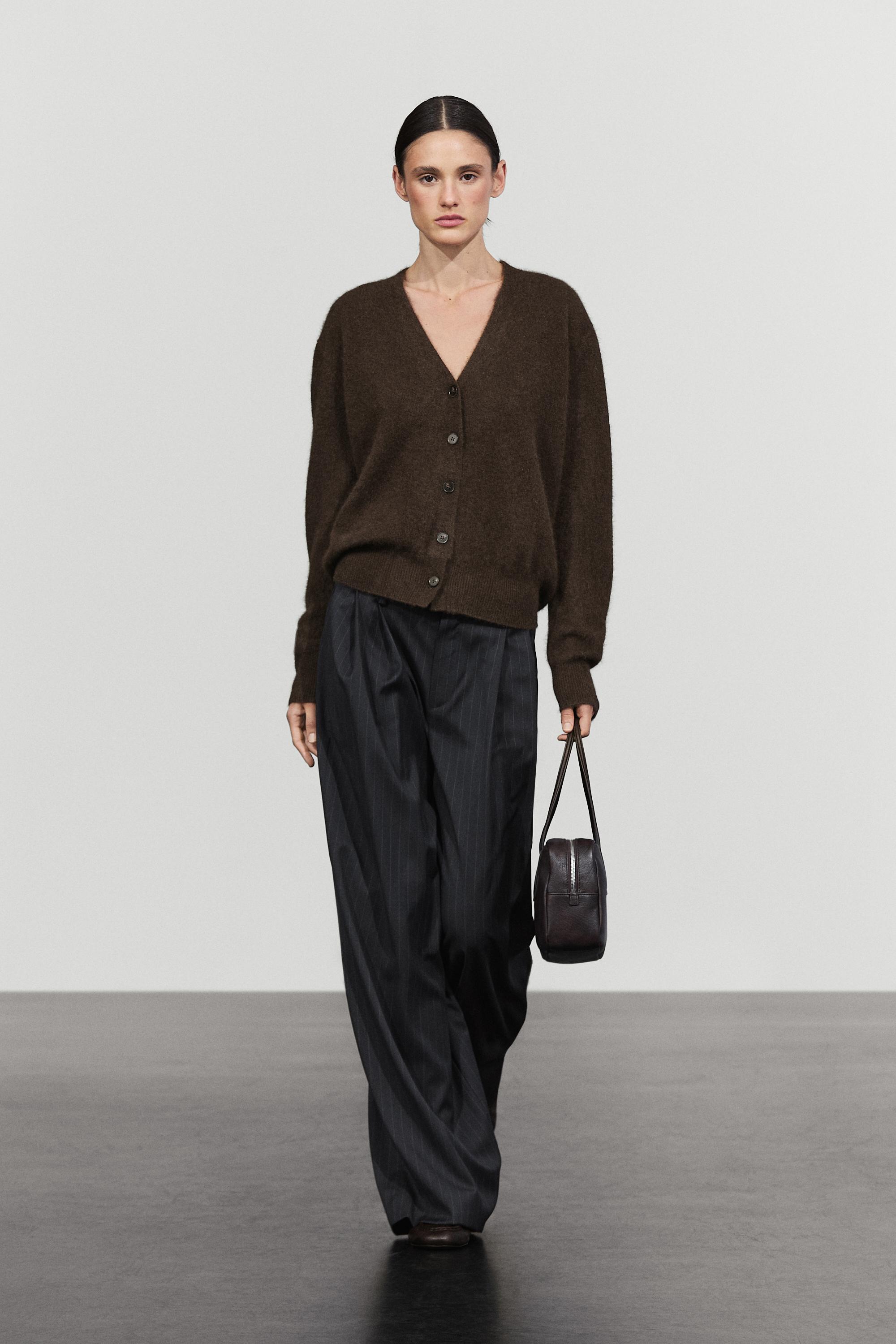Brushed wool-blend V-neck knit cardigan — BROWN