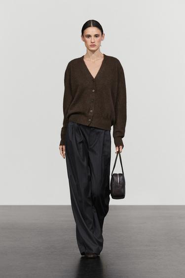 Brushed wool blend V-neck cardigan — BROWN 1