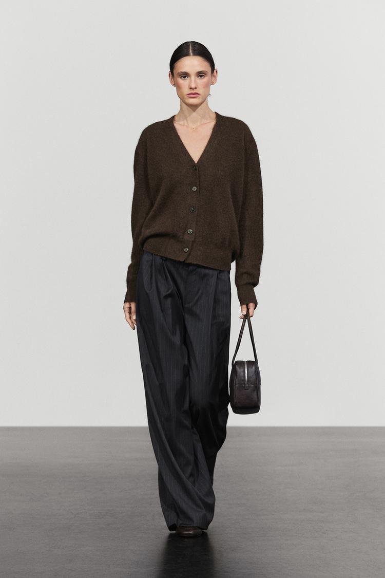 Brushed wool blend V-neck cardigan — BROWN