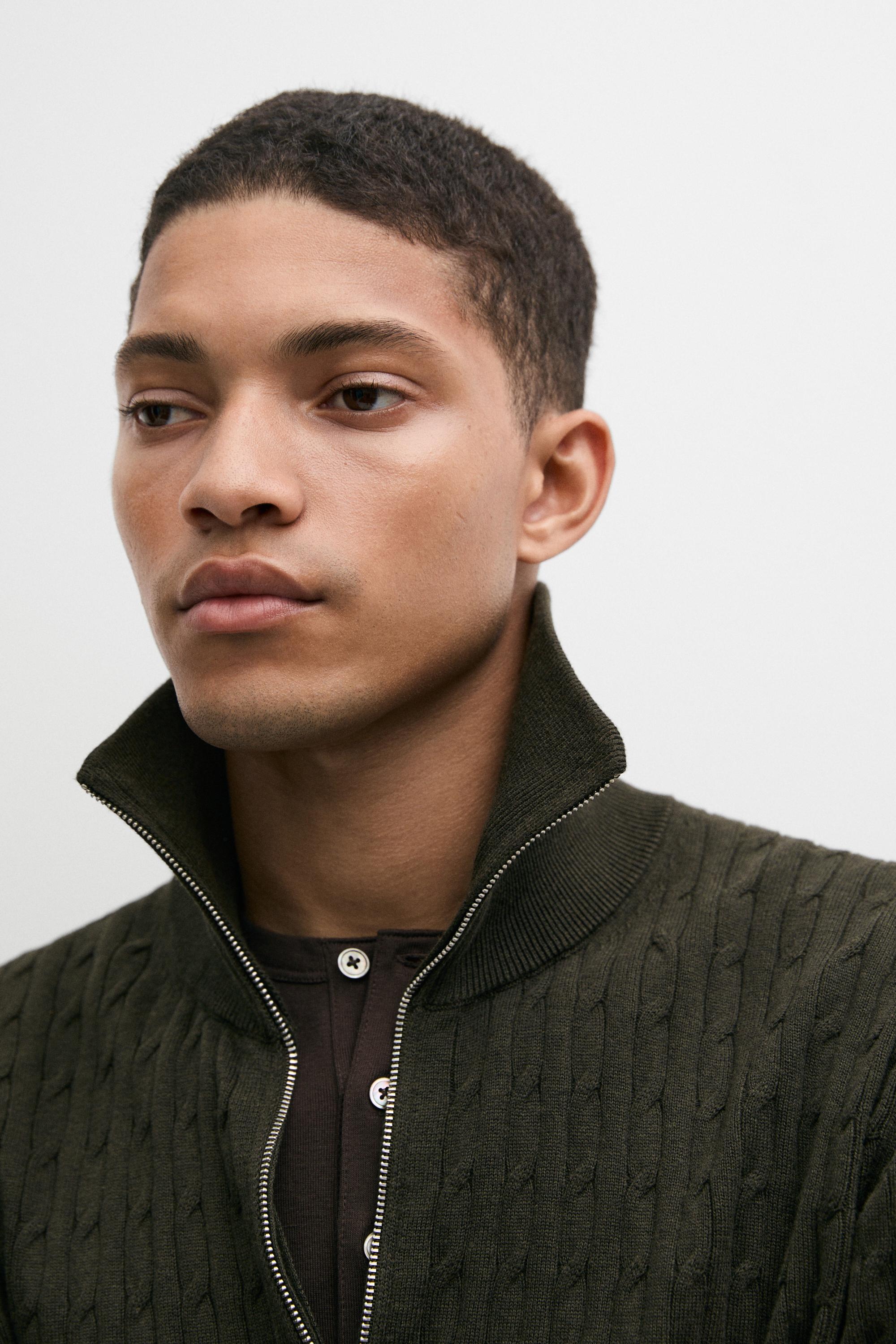Mock neck knit zip sweater — DARK GREEN