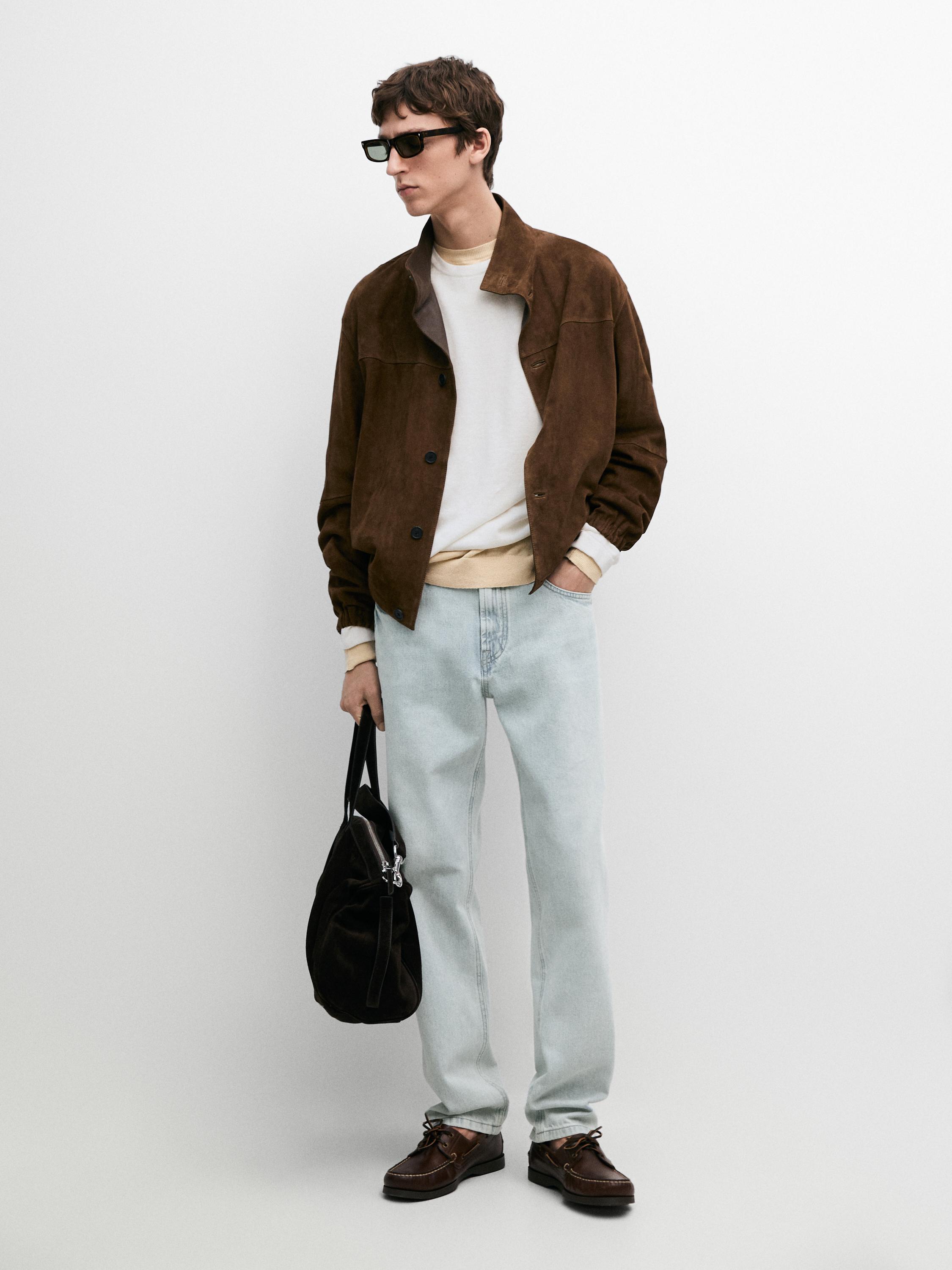 Suede leather high neck jacket — Tobacco brown